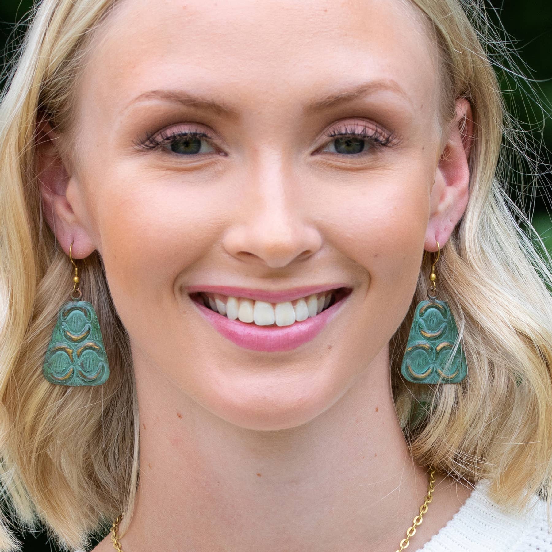 Brass Patina Earrings - Turquoise with Mirrored Crescents
