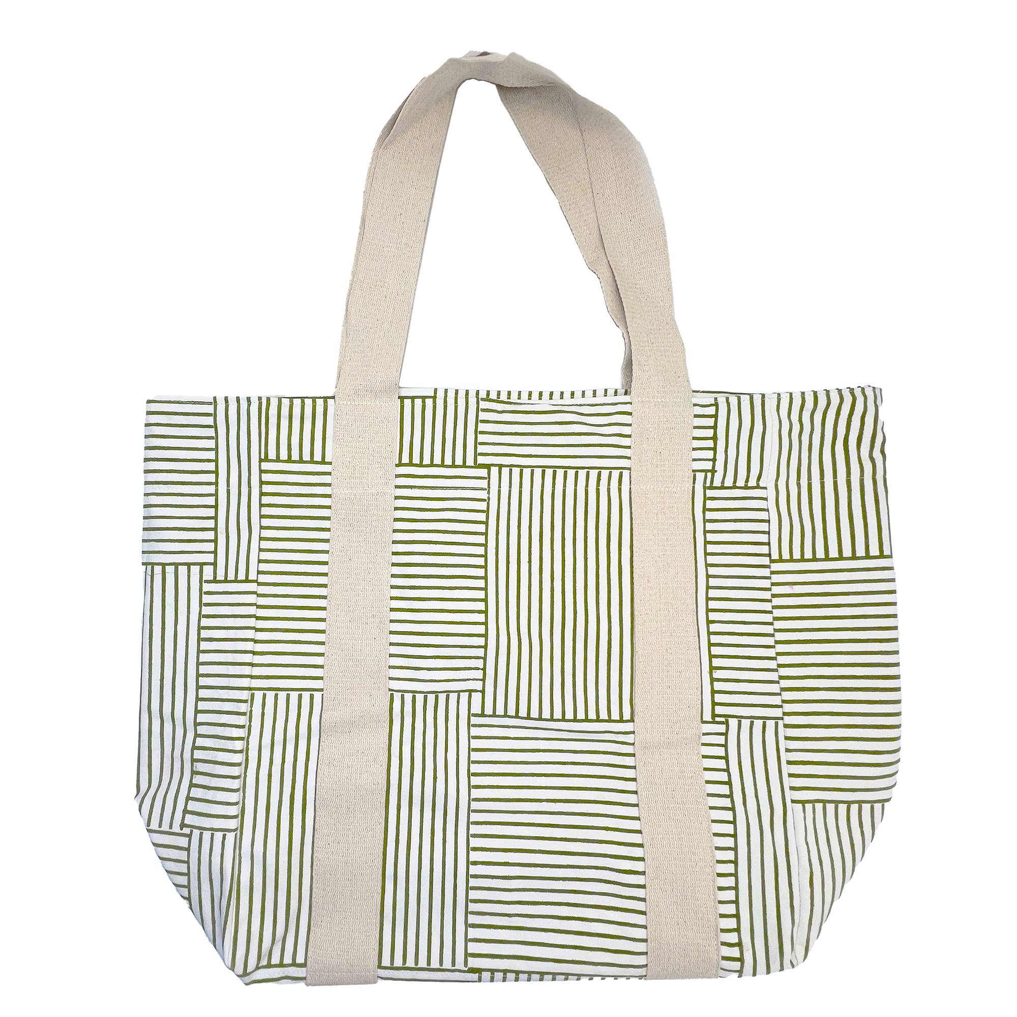 Handcrafted Canvas Bag with Block-Printed Olive Stripes