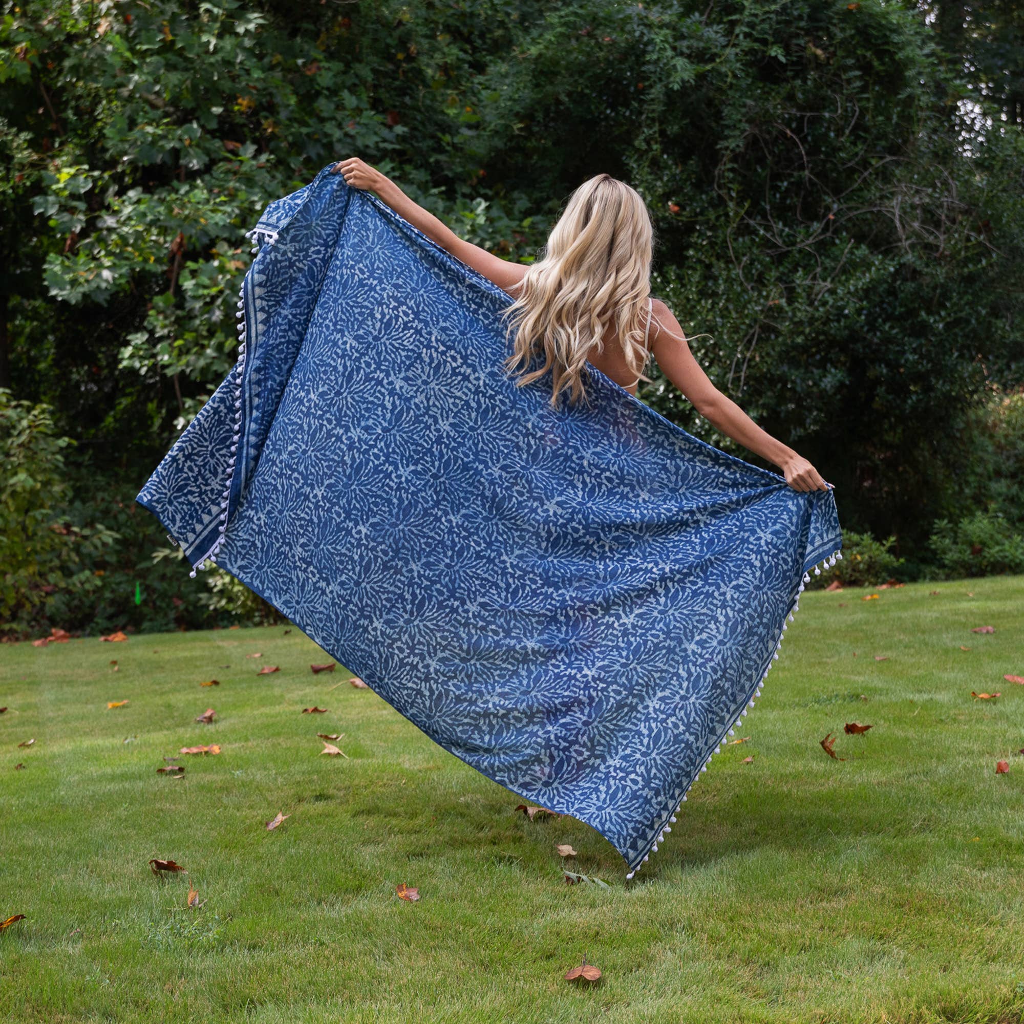 Handcrafted Cotton Sarong - Navy Abstract Leaf