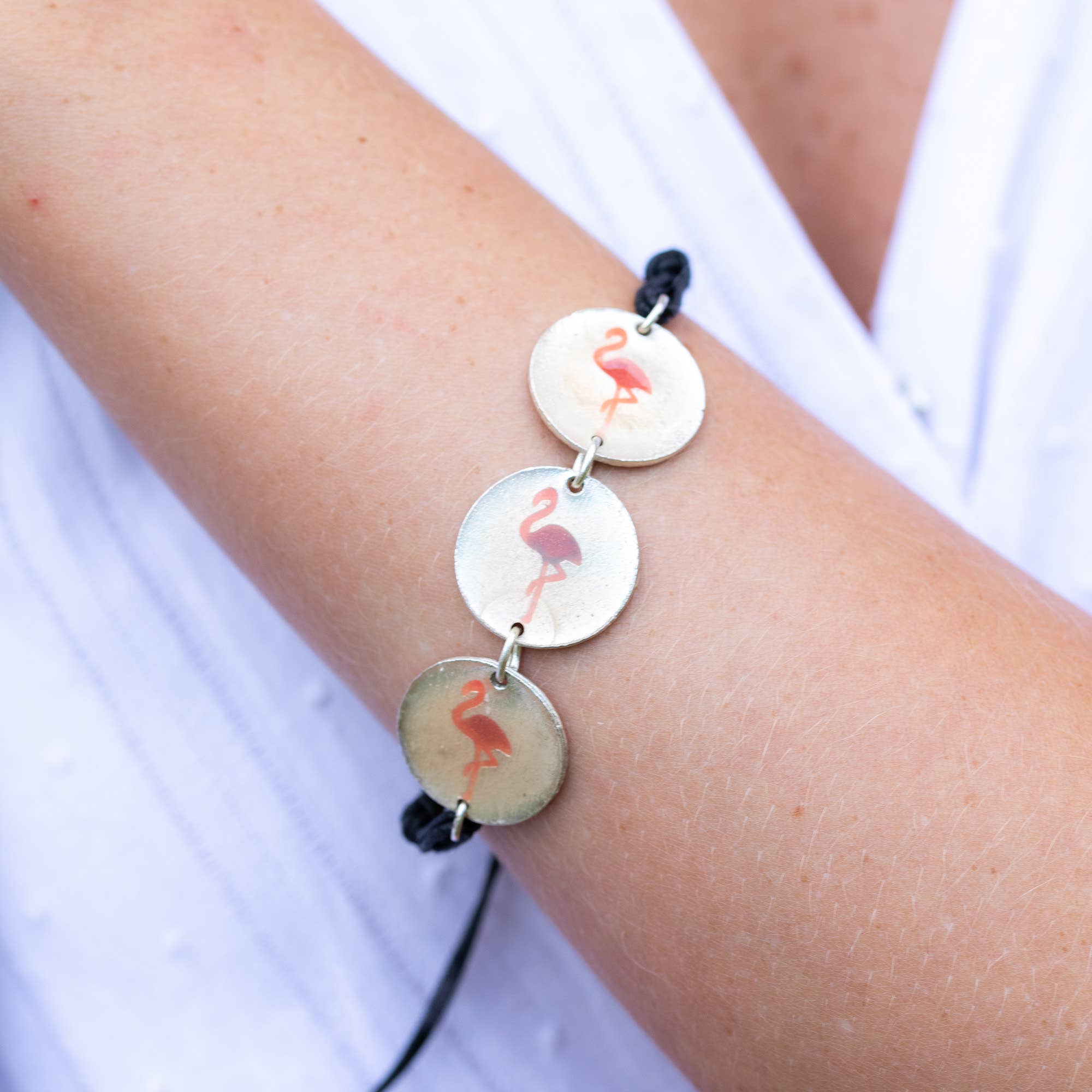 Pewter Bracelet with Color Enamel - Flamingo in Coral/Pearl