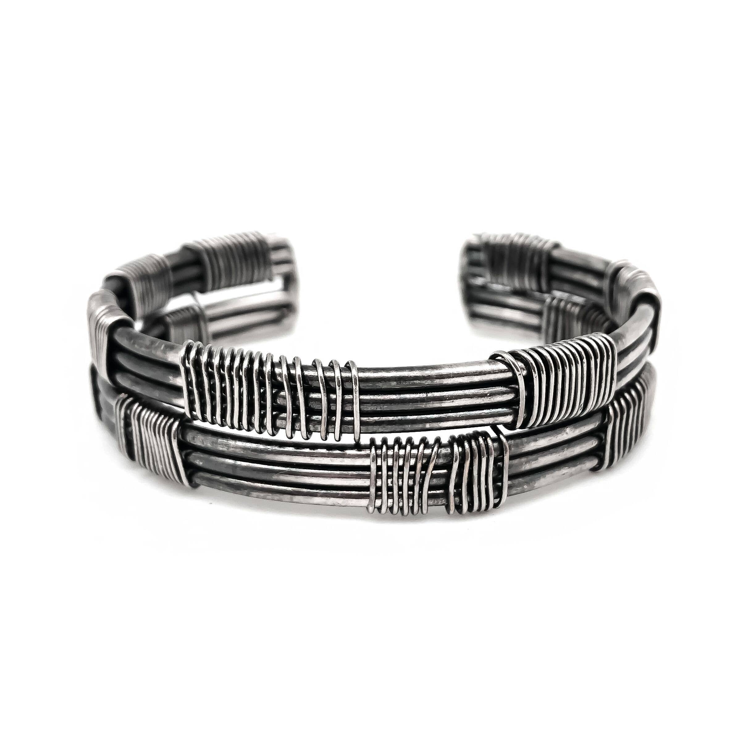 Basketweave Antique Silver Vertical & Horizontal Banded Cuff