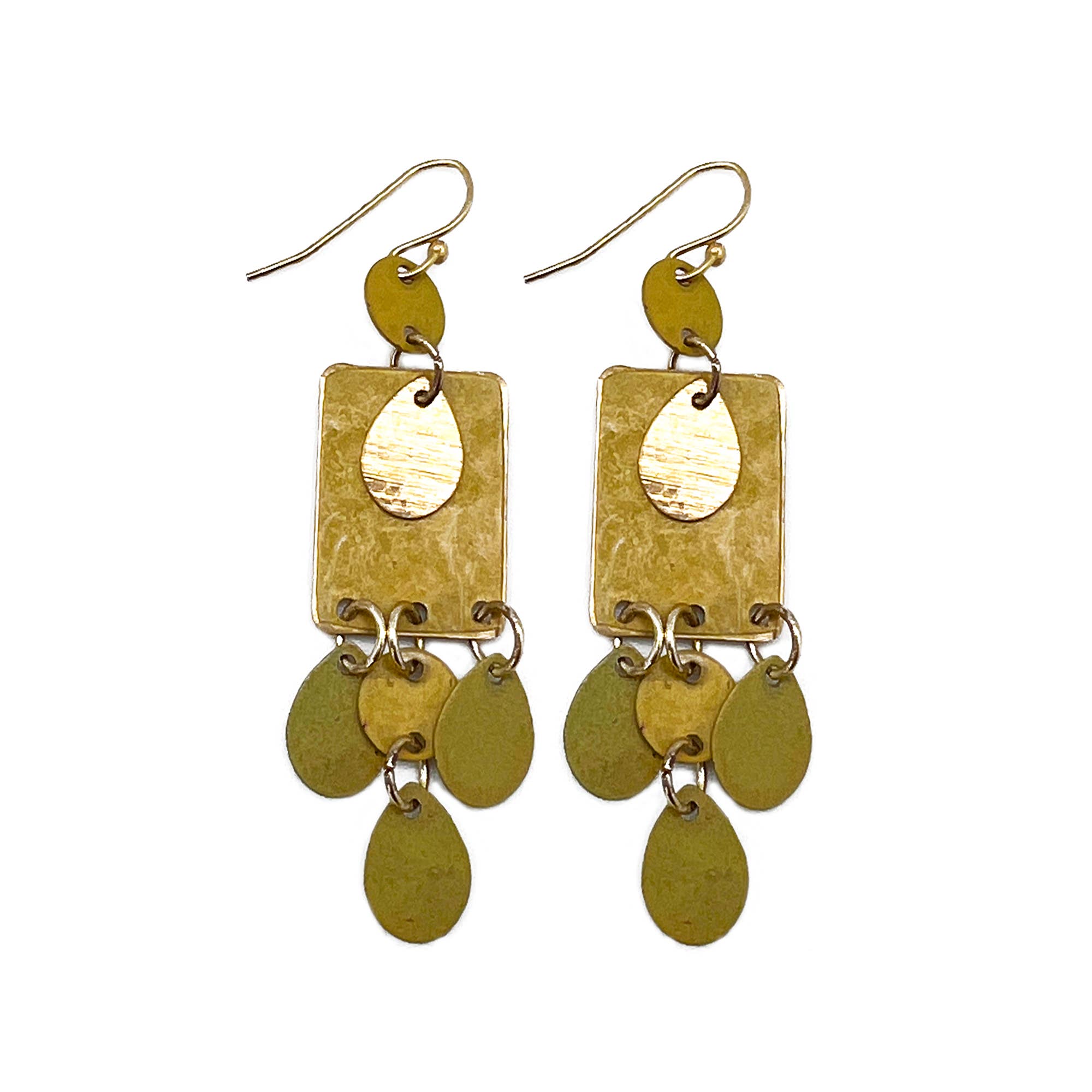 Brass Patina Earrings - Green Abstract Shaped Dangles