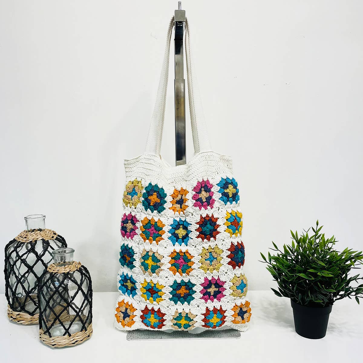 Laya White Cotton Crochet Tote Bags