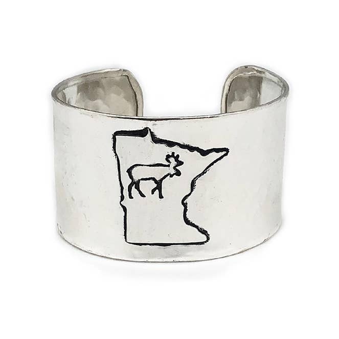 Silver Adjustable Cuff Bracelet - Minnesota with Moose