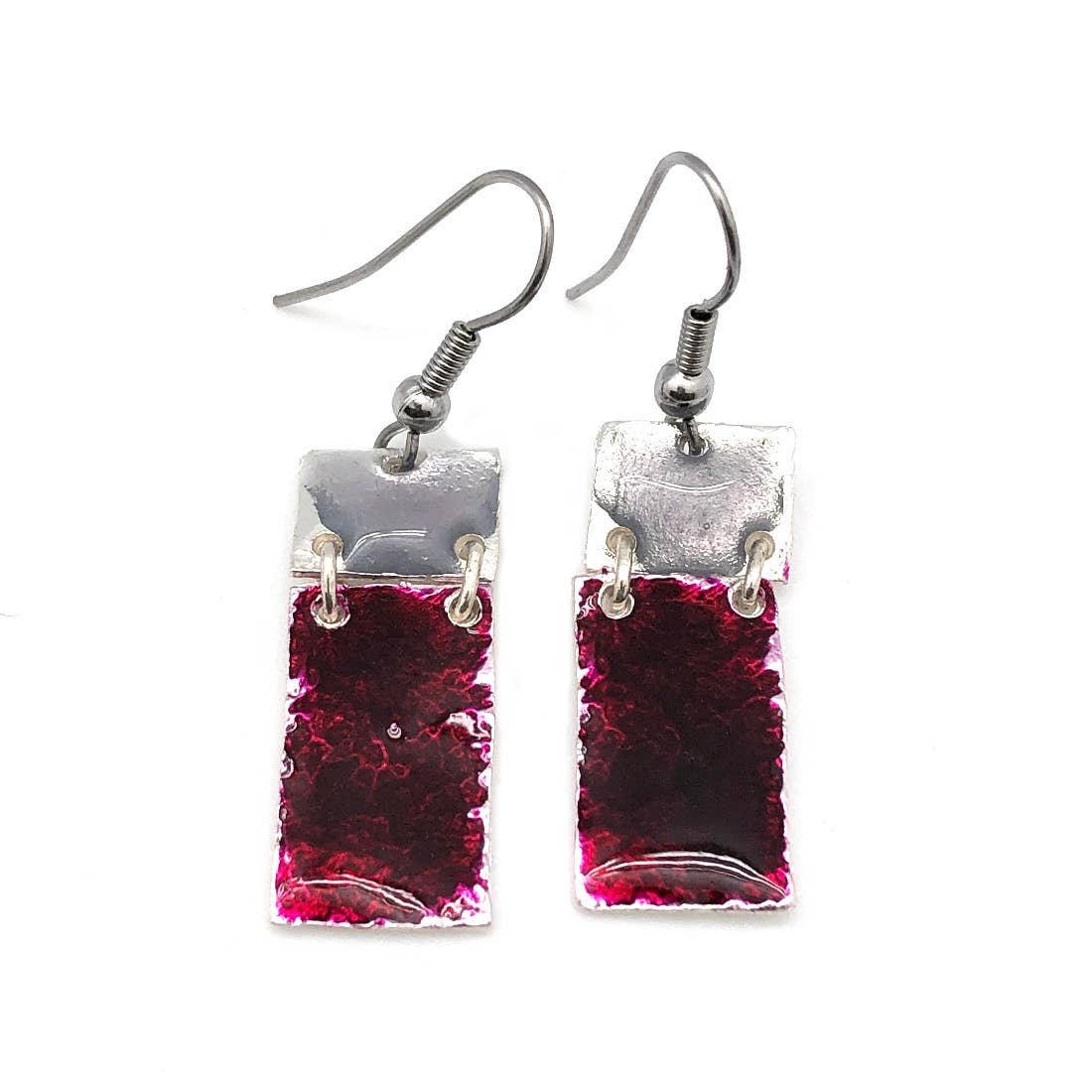Pewter Earrings with Color Enamel - Raspberry/Grey