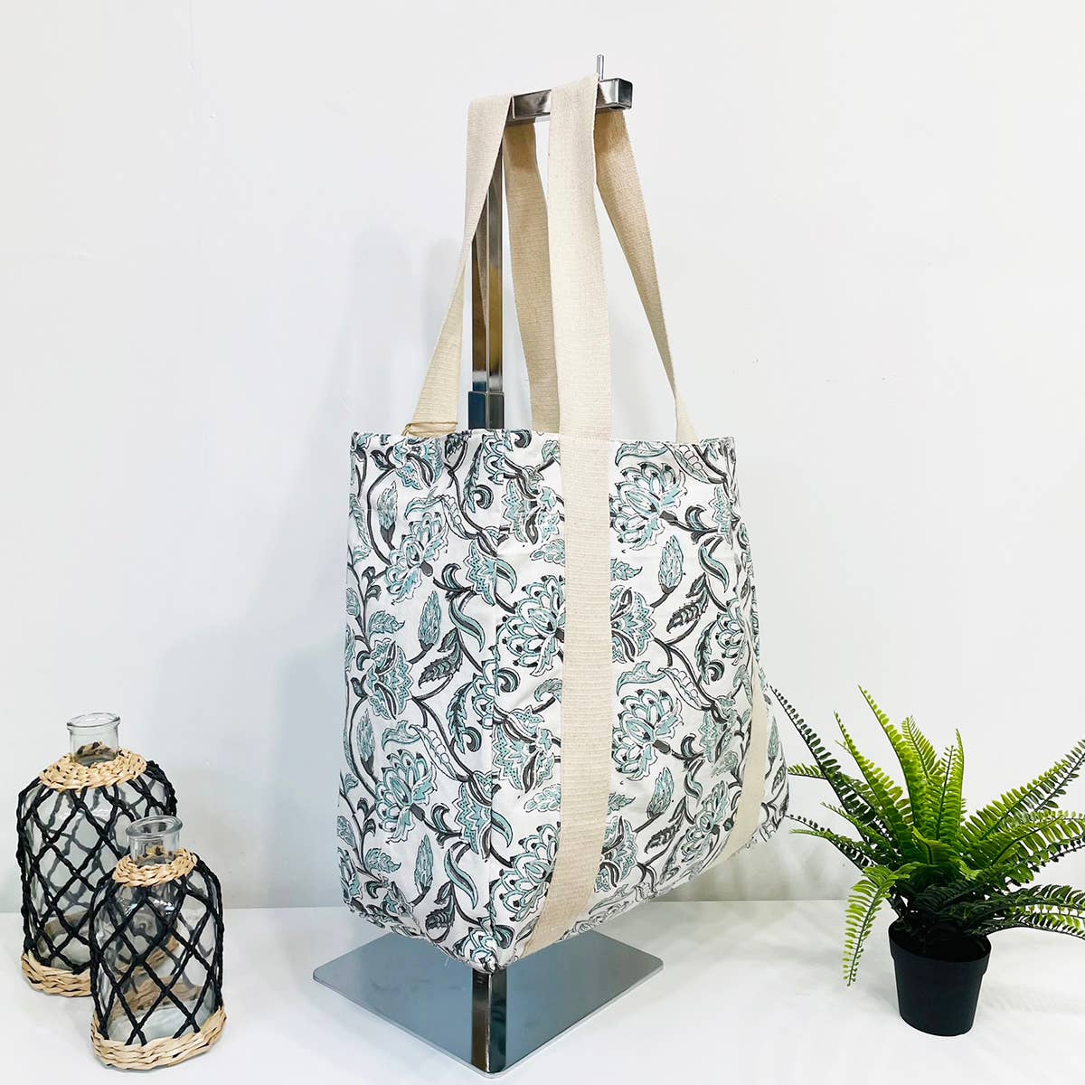 Handcrafted Canvas Bag with Block-Printed Teal Oasis