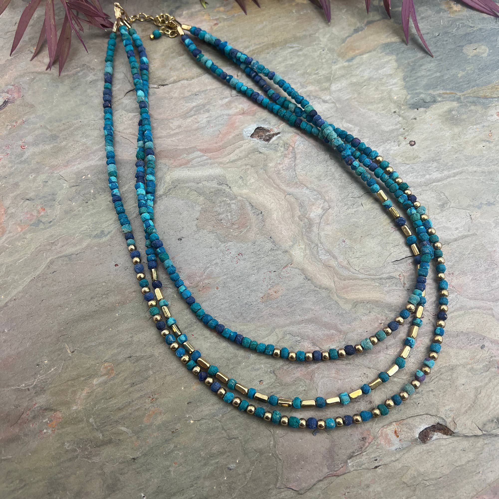 Aasha Glimmer Aqua Kantha layered & Handcrafted Necklace
