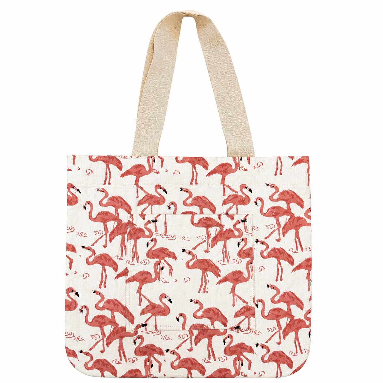 Handcrafted Block-Printed Canvas Pocket Tote Pink Flamingo