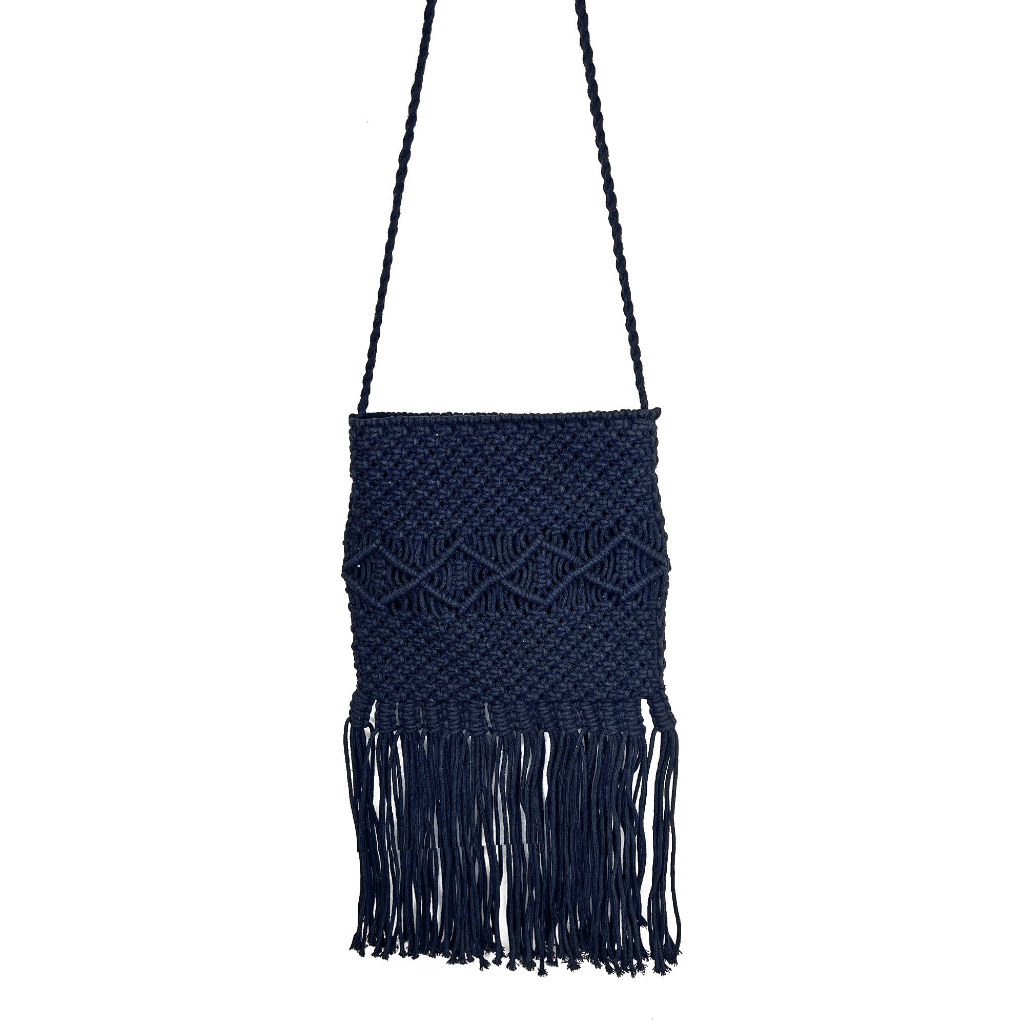 Josie Bag - Cotton macrame sling bag with fringes - Black