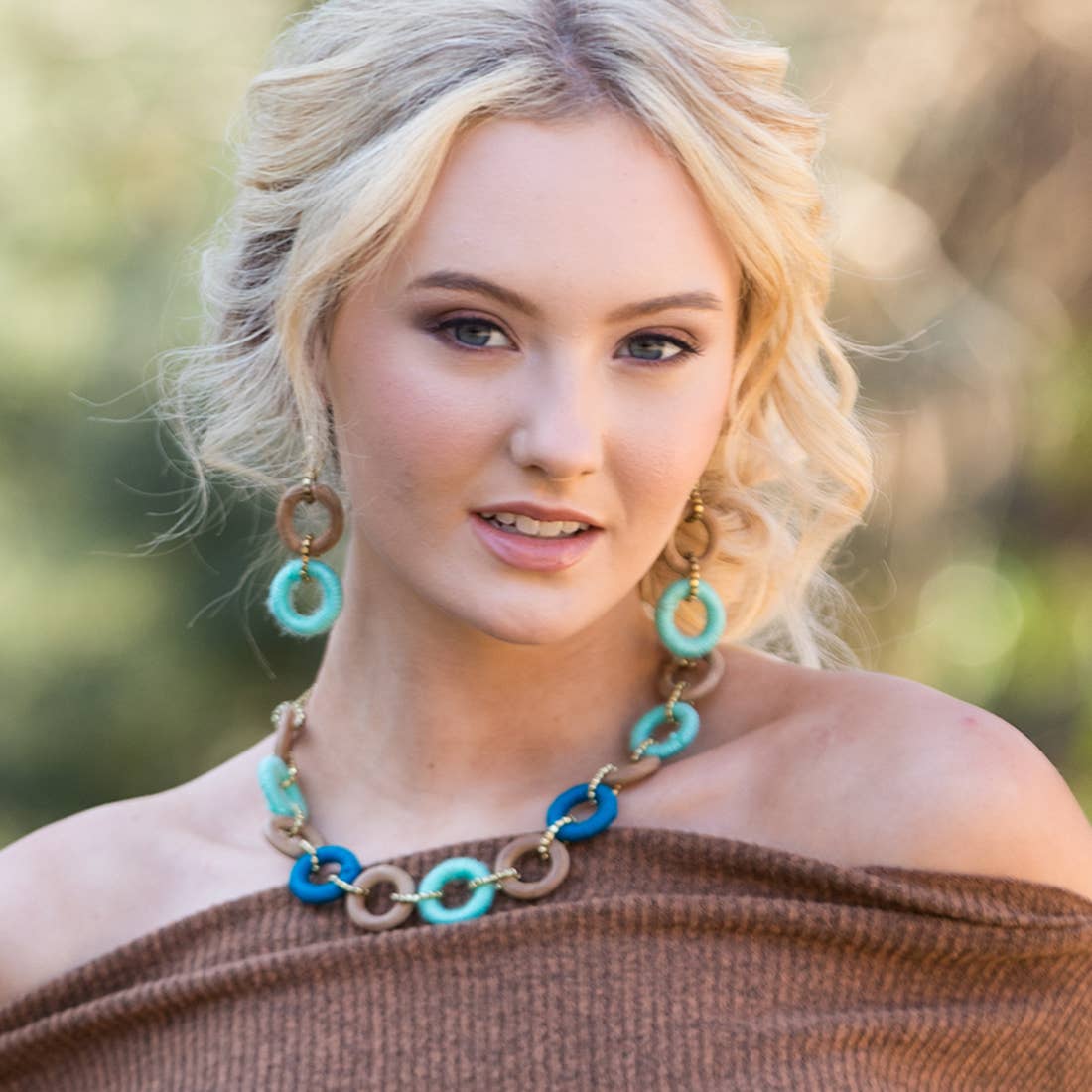 Sachi Bold Whimsy Collection Necklace - Blue and Wood Rings