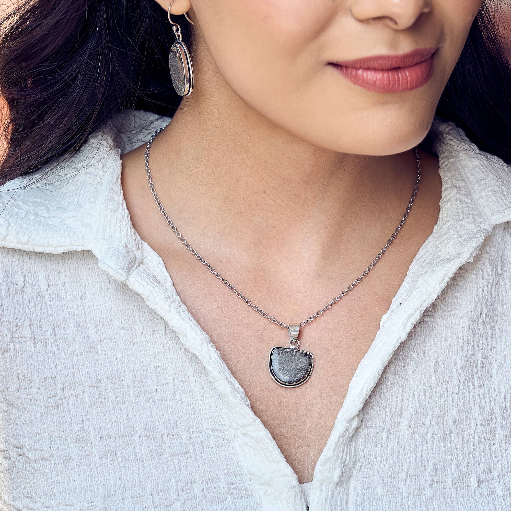 Handcrafted Semiprecious Stone Necklace - Black Fossil Coral