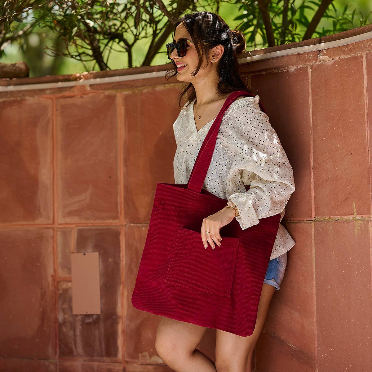 Corduroy Tote Bag with Front Pocket - Red