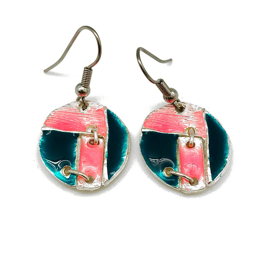 Pewter Earrings with Color Enamel - Teal/Pink