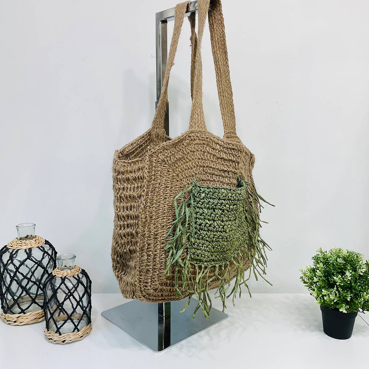 Lana Woven Jute Bag with Color Raffia Pocket - Green