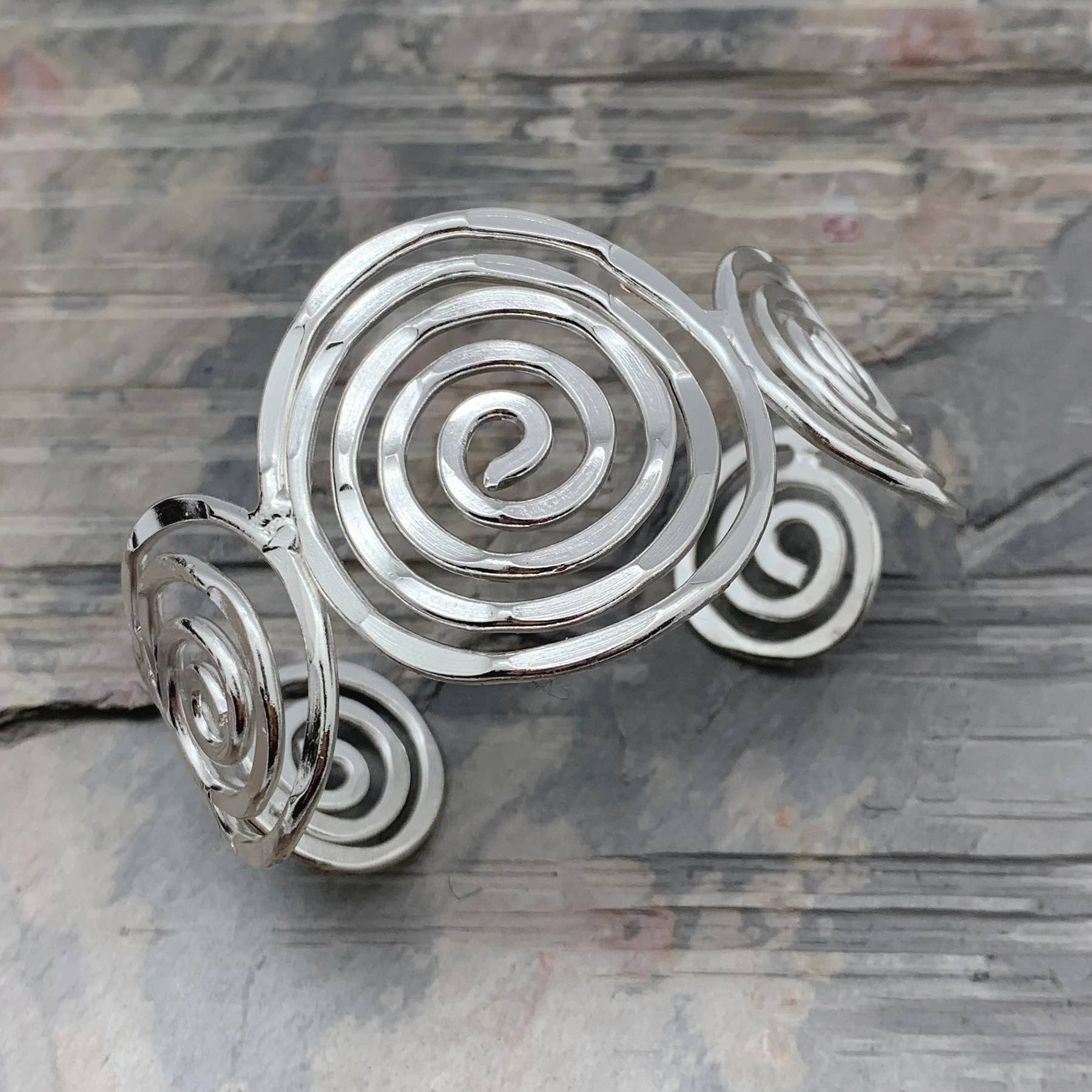Silver Plated Adjustable Cuff Bracelet - Spiral Circles