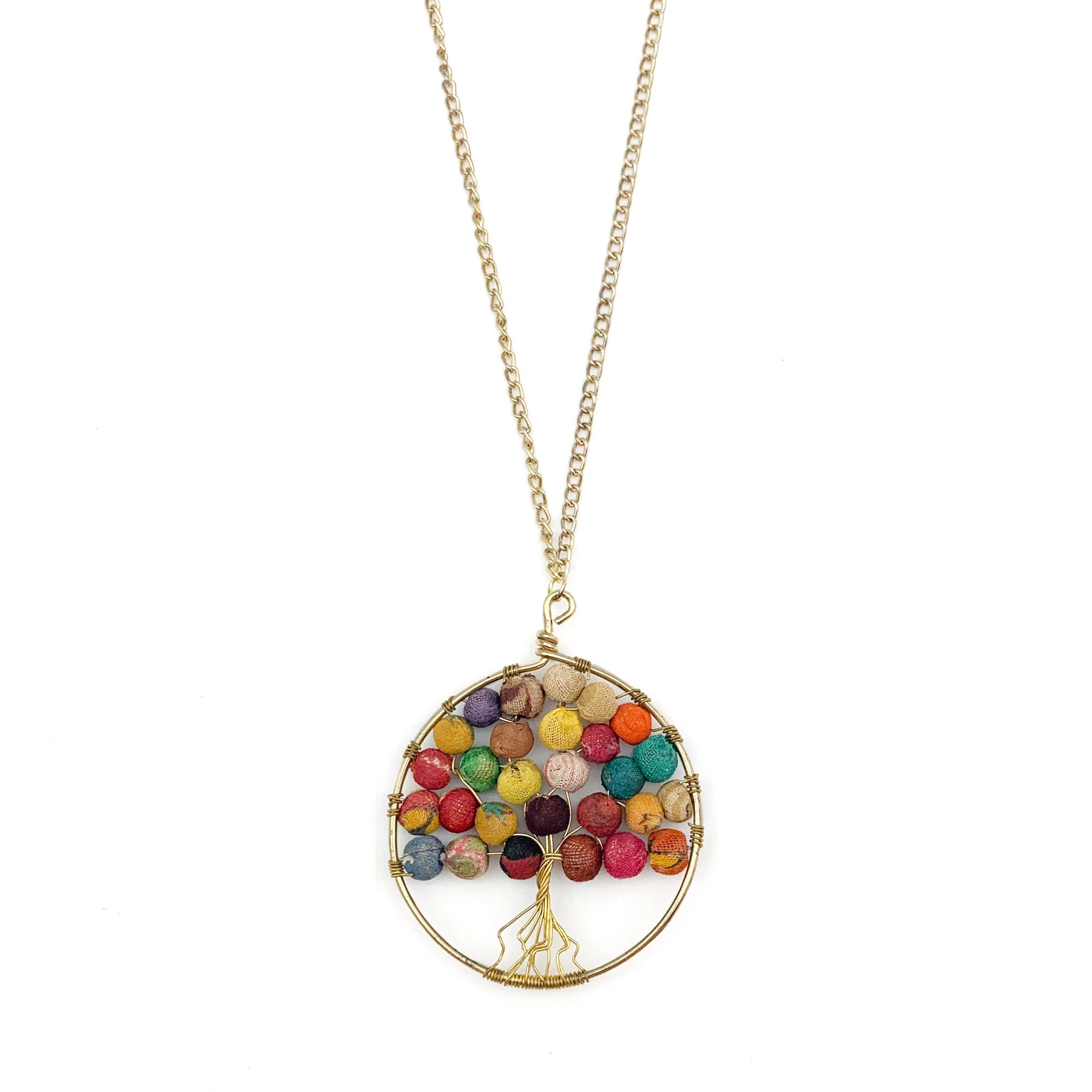 Aasha Tree of Life Pendant Long Kantha Handcrafted Necklace