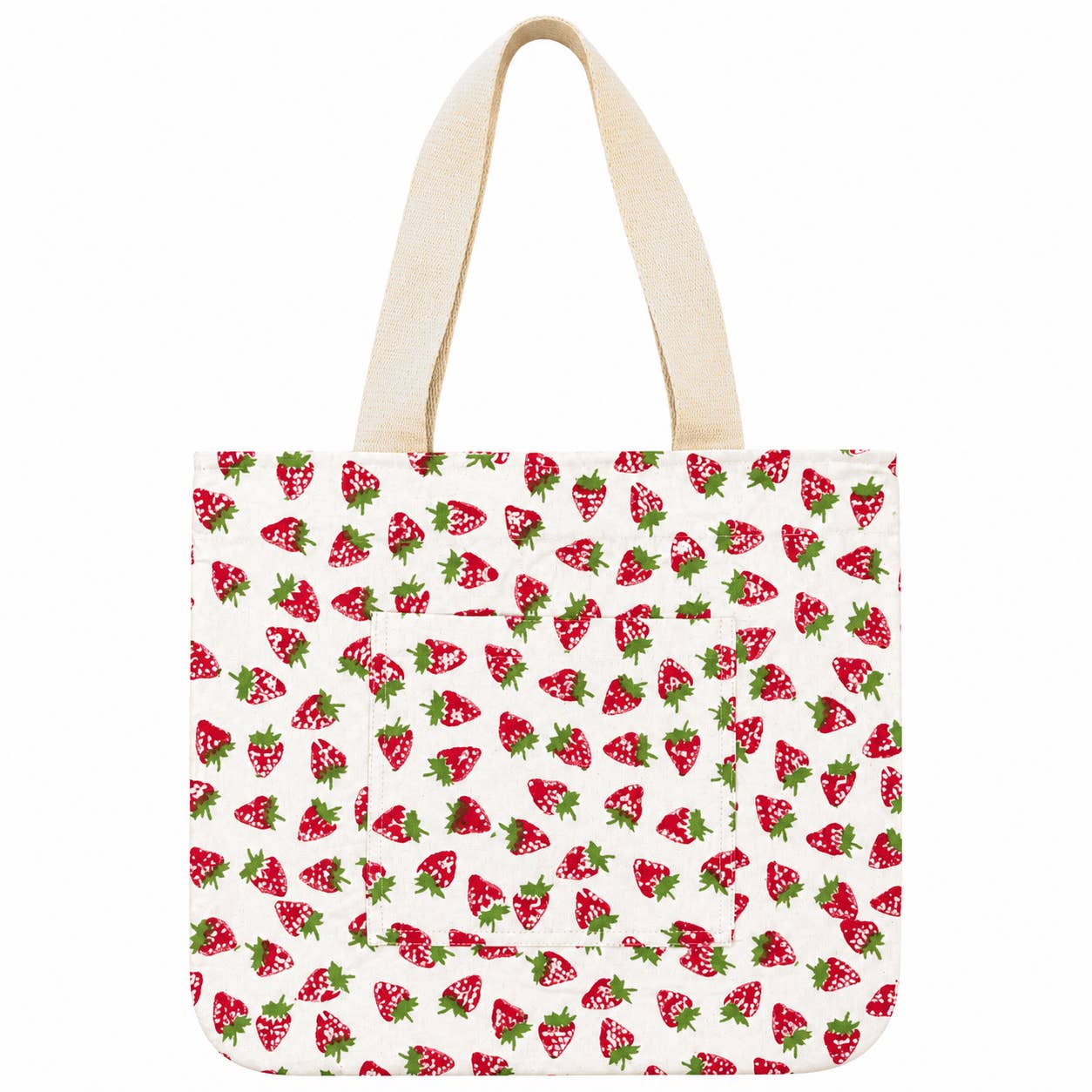 HandCrafted Block Printed Canvas Pocket Tote Strawberries