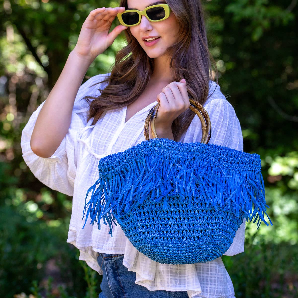 Santorini Bag - Blue Raffia Fringe Bag with Wood Handle