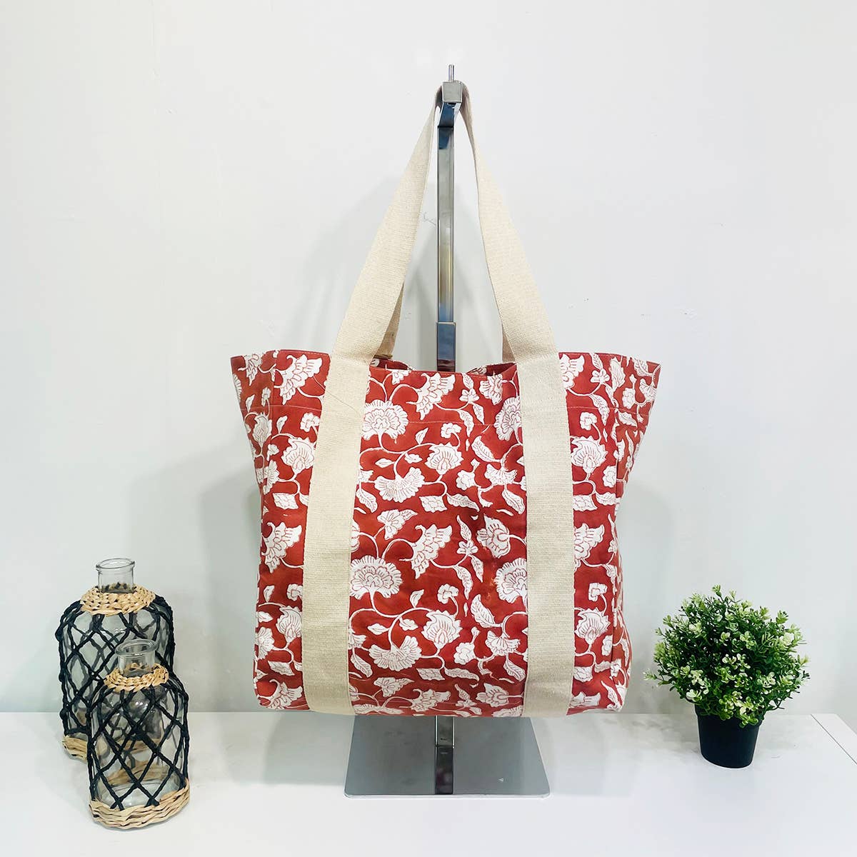 Handcrafted Canvas Bag with Block-Printed Orange Flower Bed