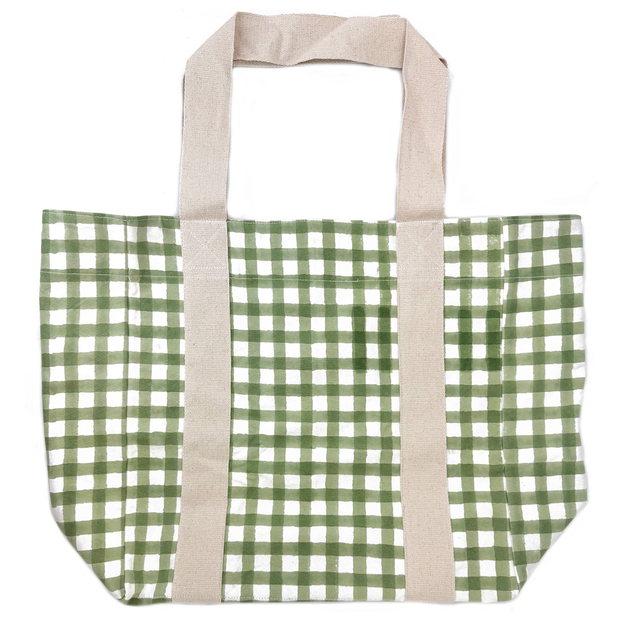 Block Printed Canvas Tote - Green Gingham