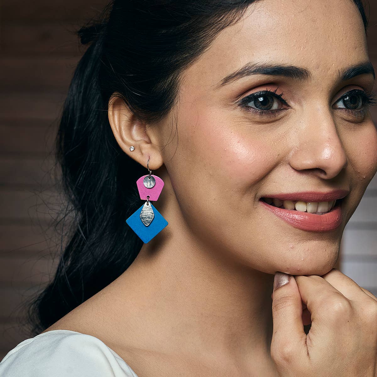 Handcrafted Fuchsia & Blue Patina Geometric Drop Earrings