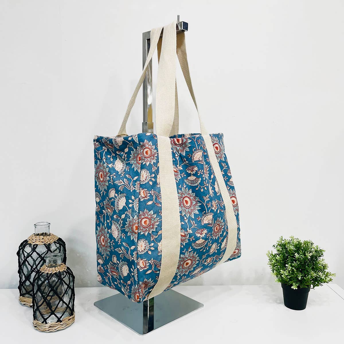 Handcrafted Canvas Bag with Block-Printed  Denim Floral