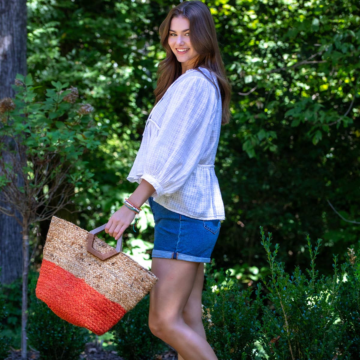 Florence Hand Bag - Natural/Coral Jute Bag with Wood Handle