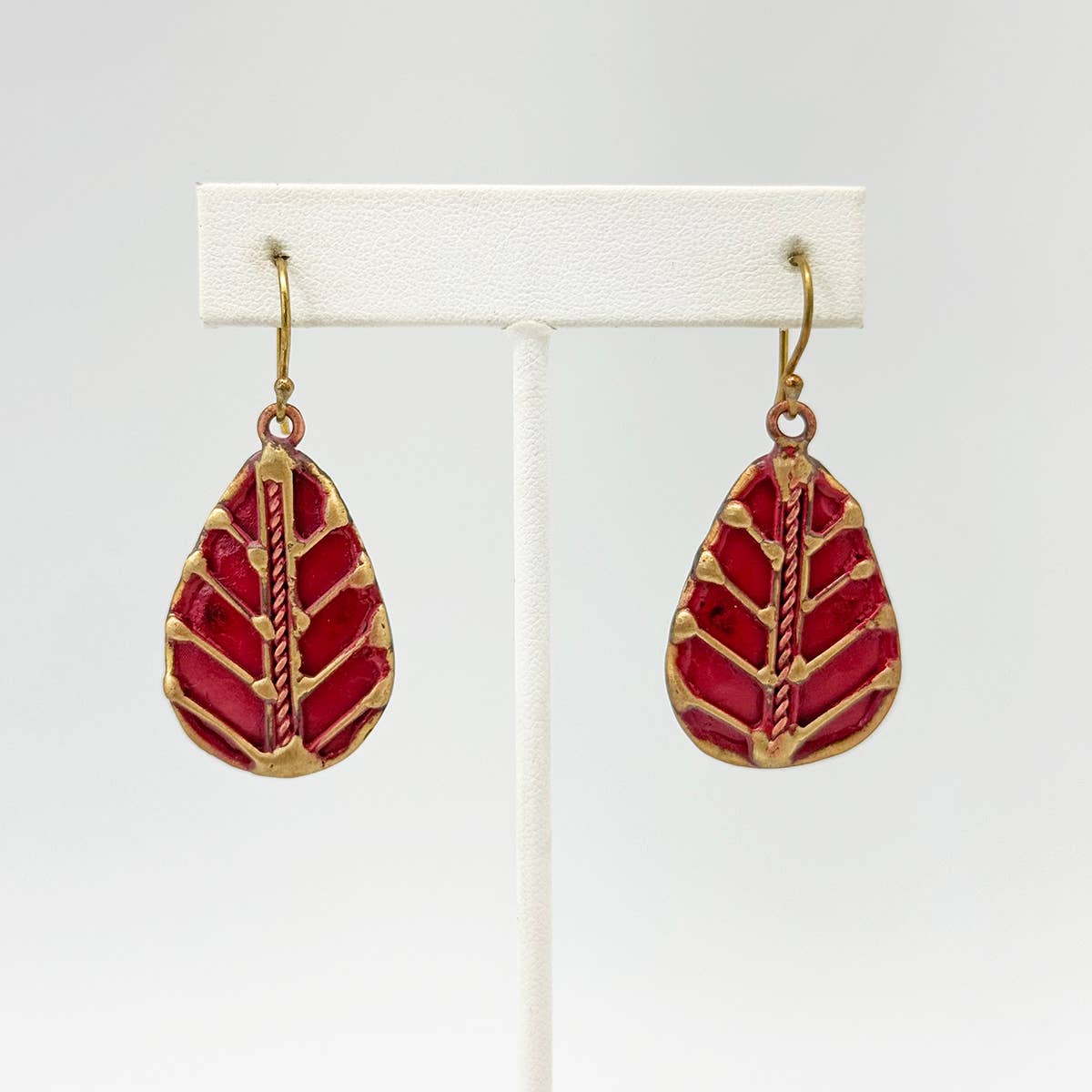 Handcrafted Bright Red Leaf Vein Brass Patina Earrings