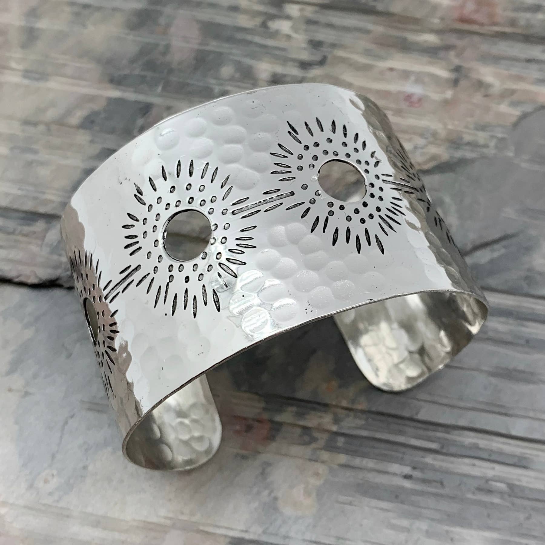 Silver Plated Adjustable Cuff Bracelet - Sunburst Cutouts