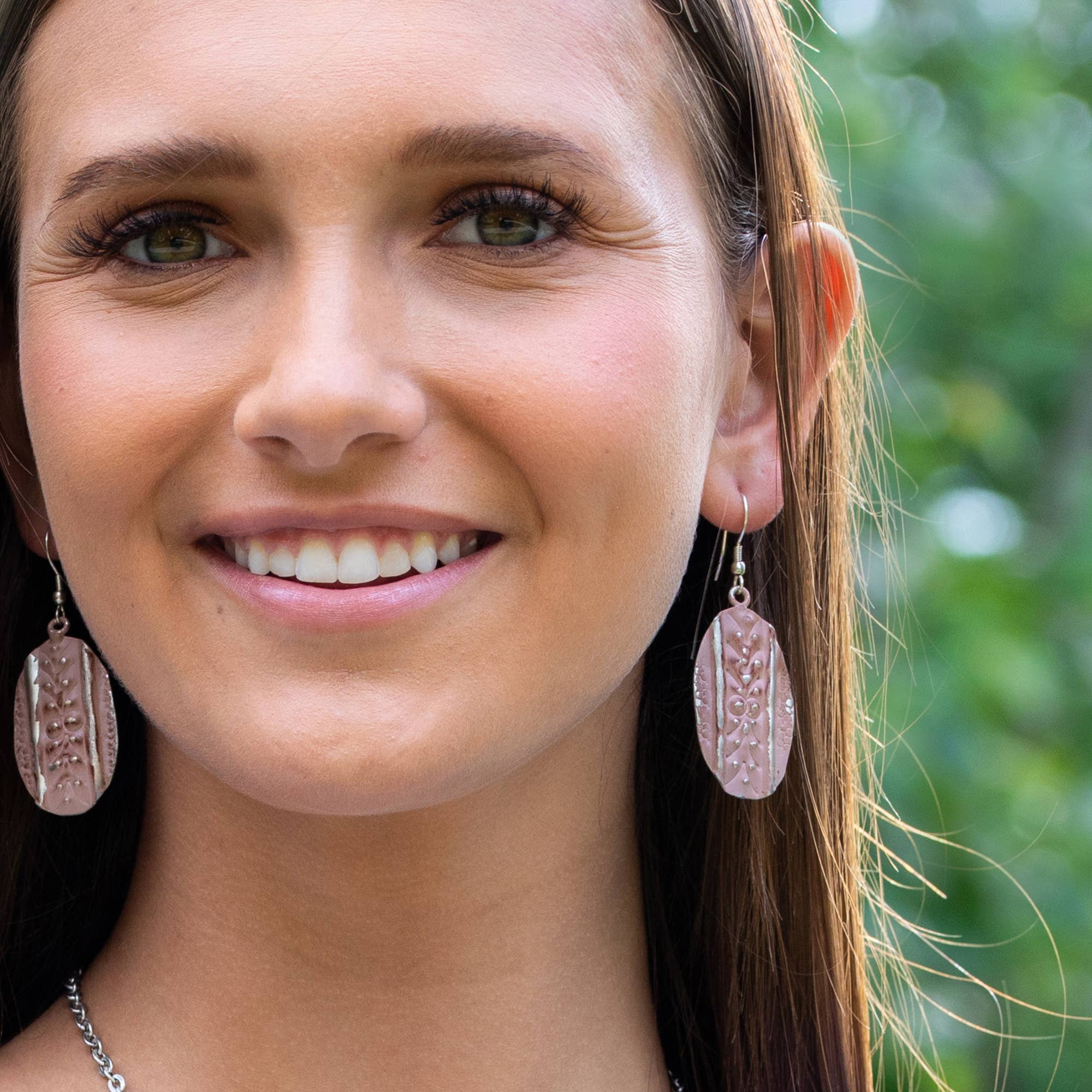 Silver Patina Earrings - Dusty Rose Dots and Lines Oval