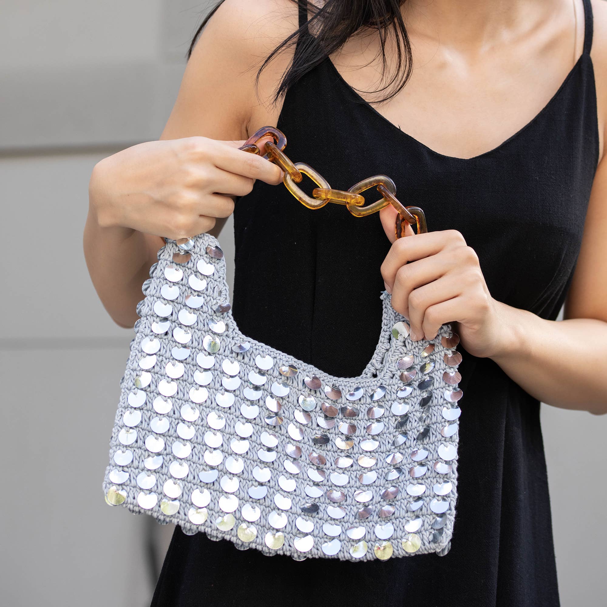 Mia Bag - Cotton Sequined Purse with Link Handle - Silver