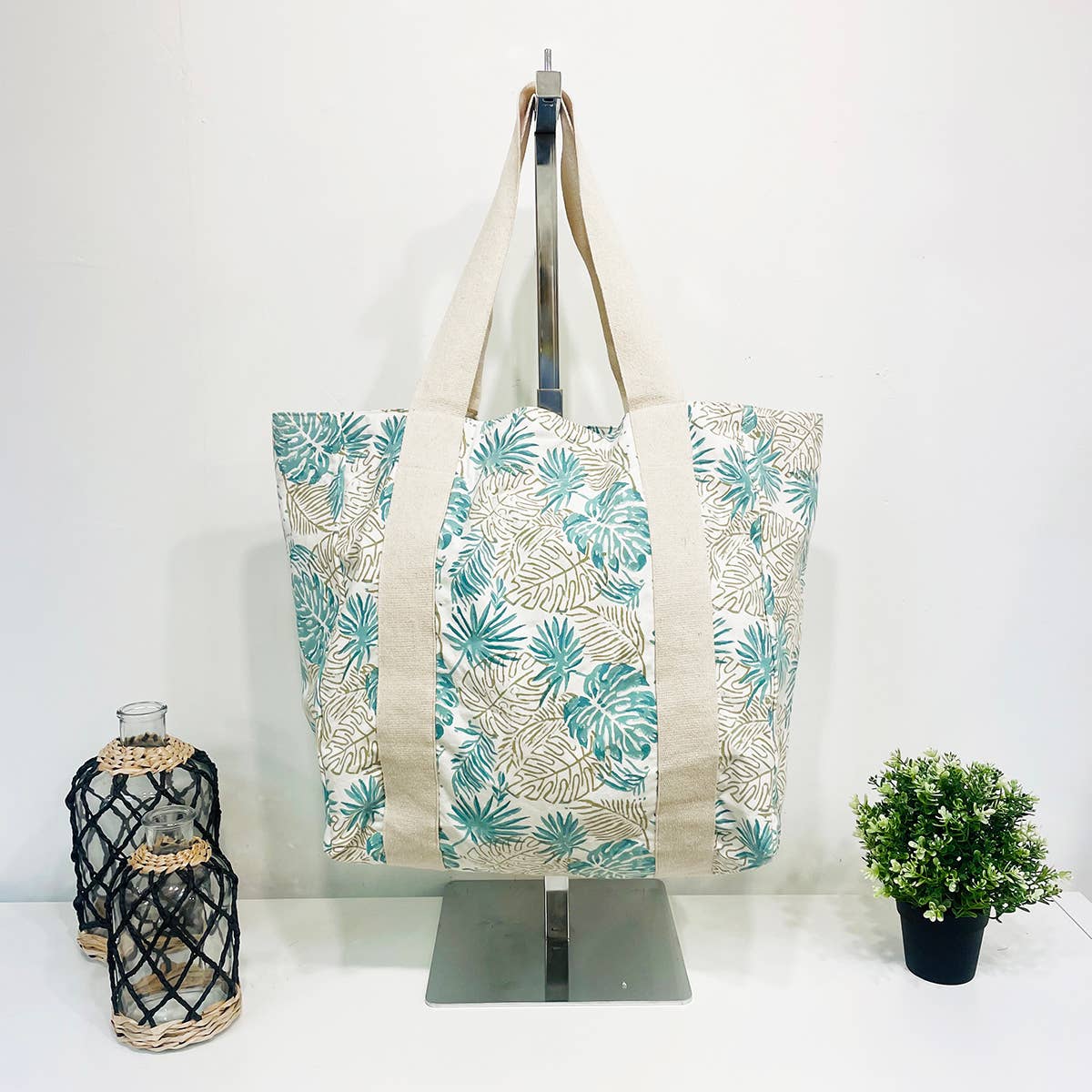 Handcrafted Canvas Bag with Block-Printed Paradise Palms