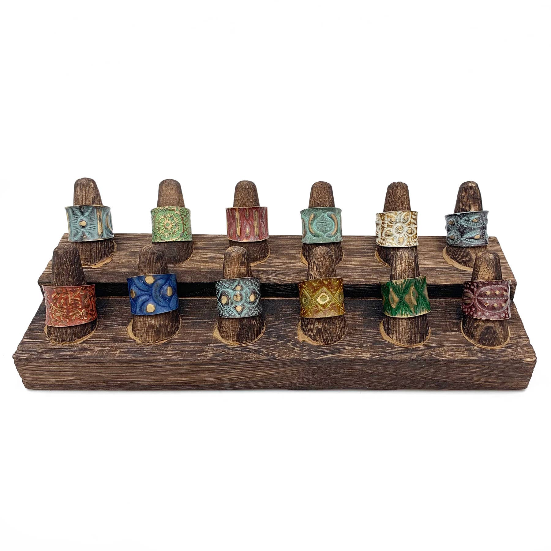 Brass Patina Ring Prepack - 12 Rings and Wooden Display