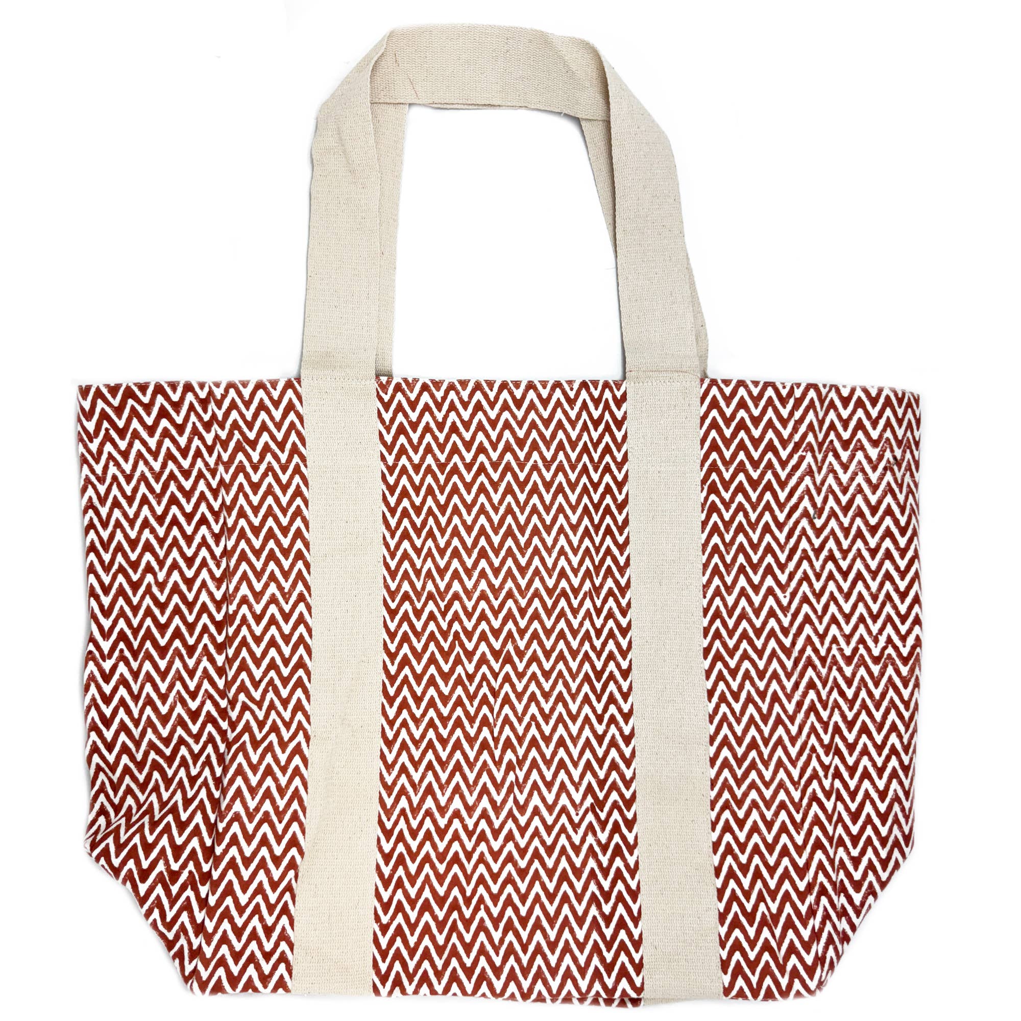 Block Printed Canvas Tote - Rust Chevron