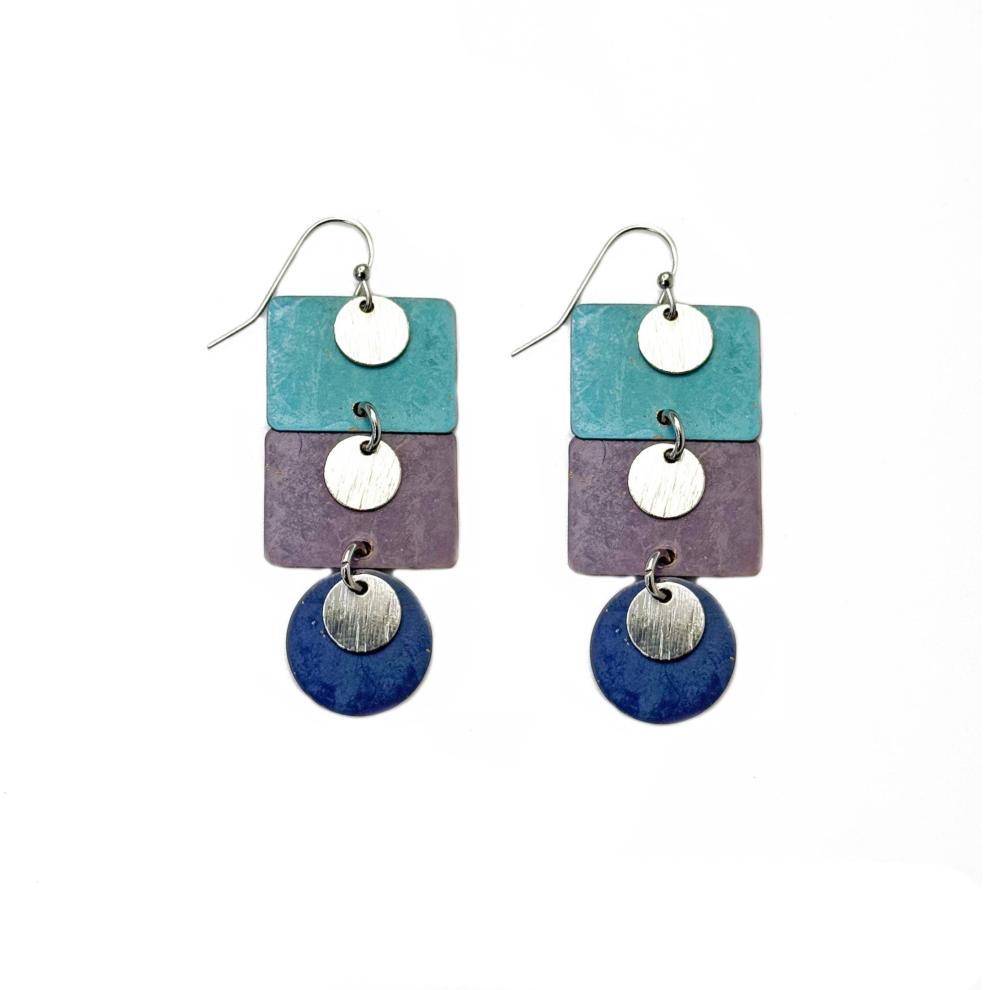 Handcrafted Cool Patina Long Geometric Dangle Earrings