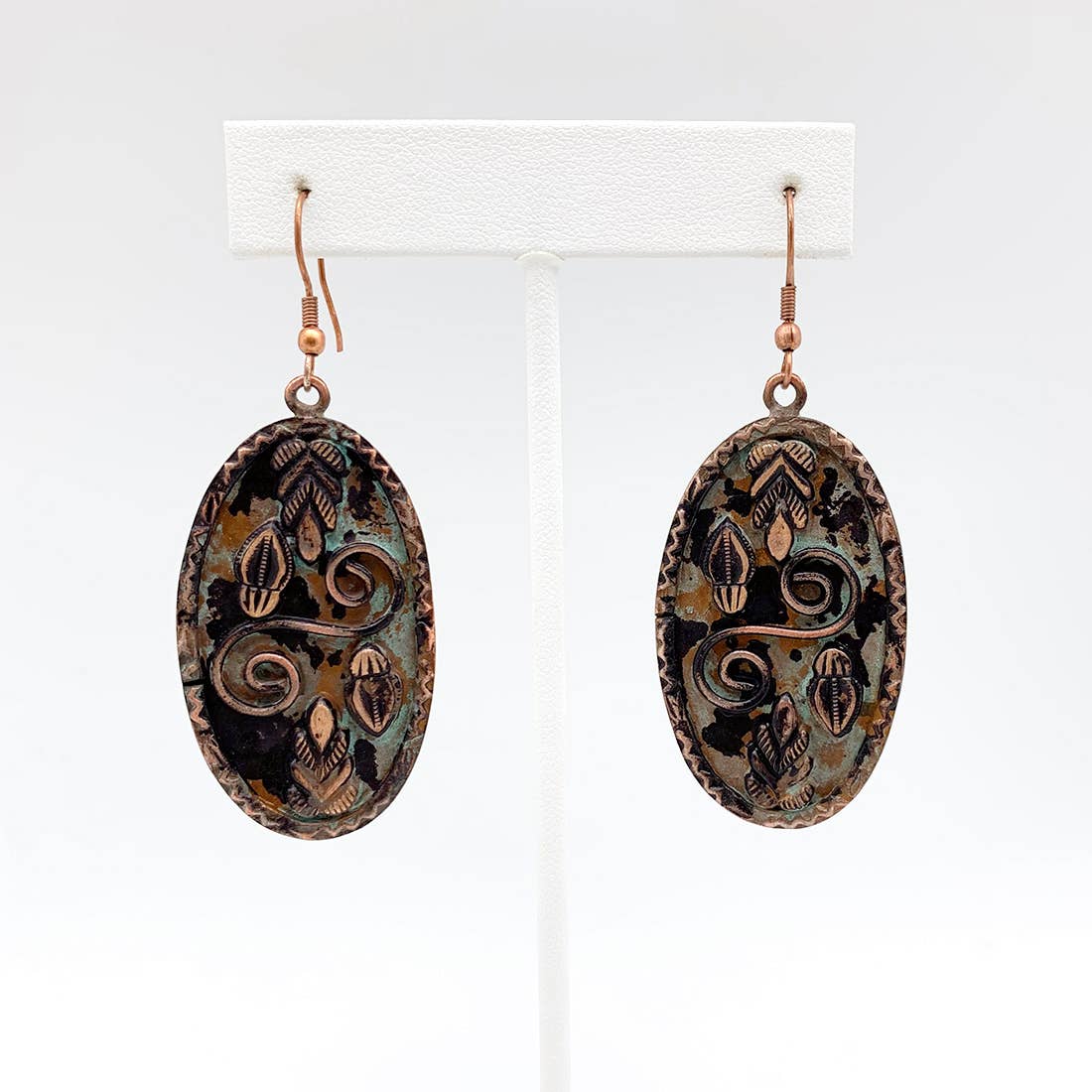 Copper Patina Earrings - Double Spiral and Leaves in Oval