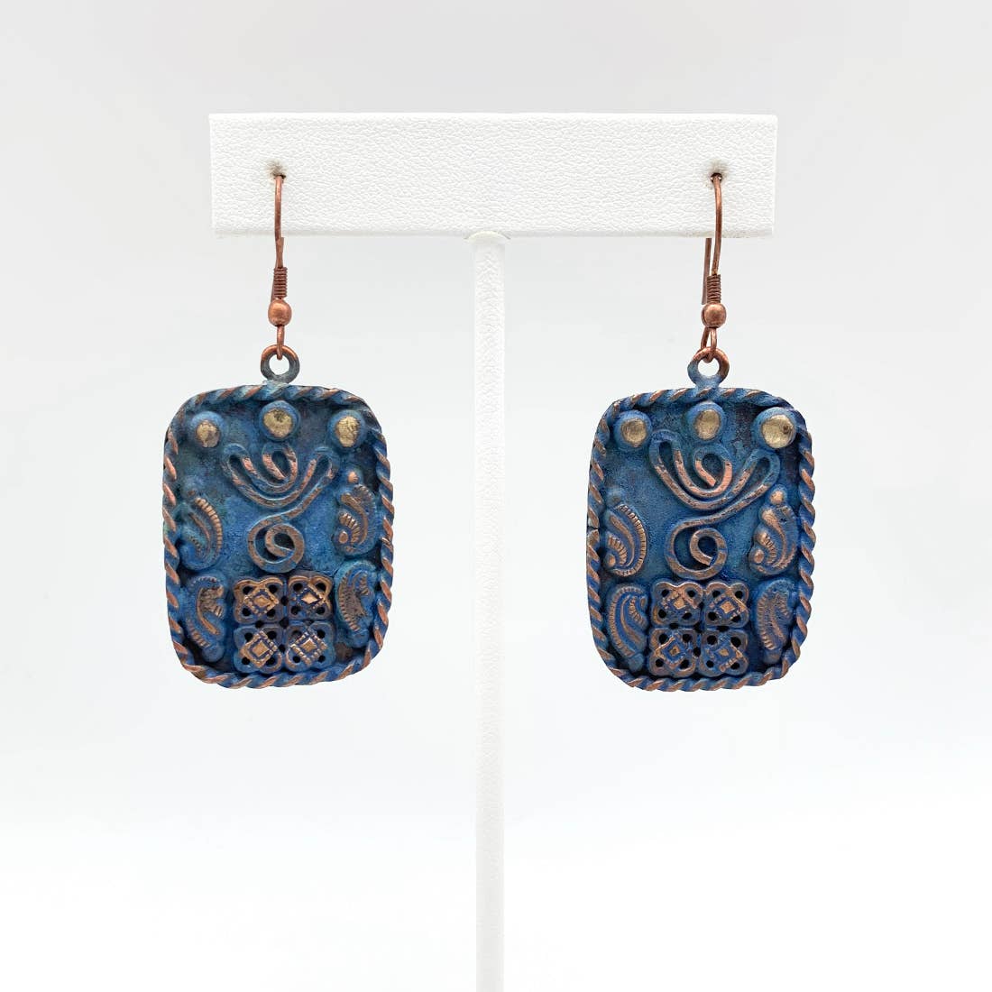Copper Patina Earrings - Filigree Shapes in Blue Rectangle