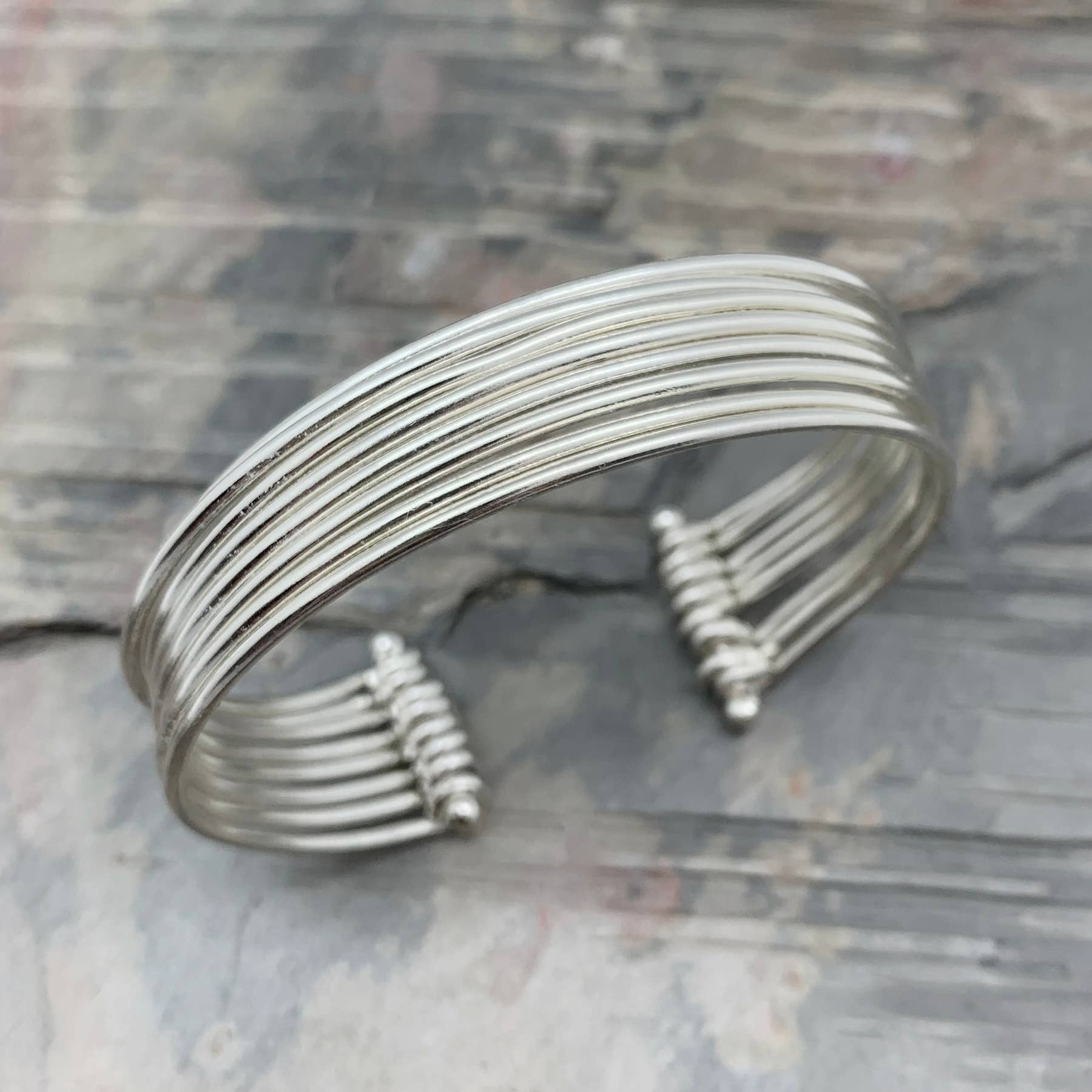 Silver Plated Adjustable Cuff Bracelet - Small Stacked Bands