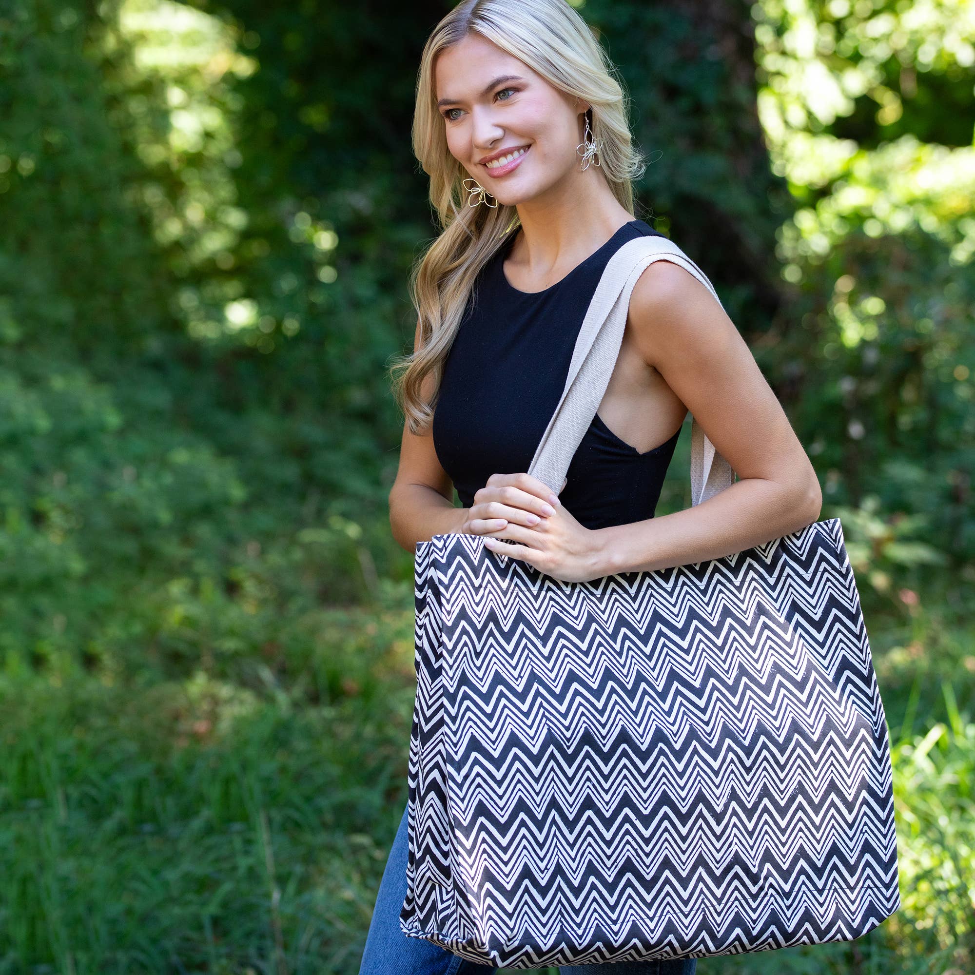 Canvas Bag with Block-Printed Black and White Zigzag Pattern