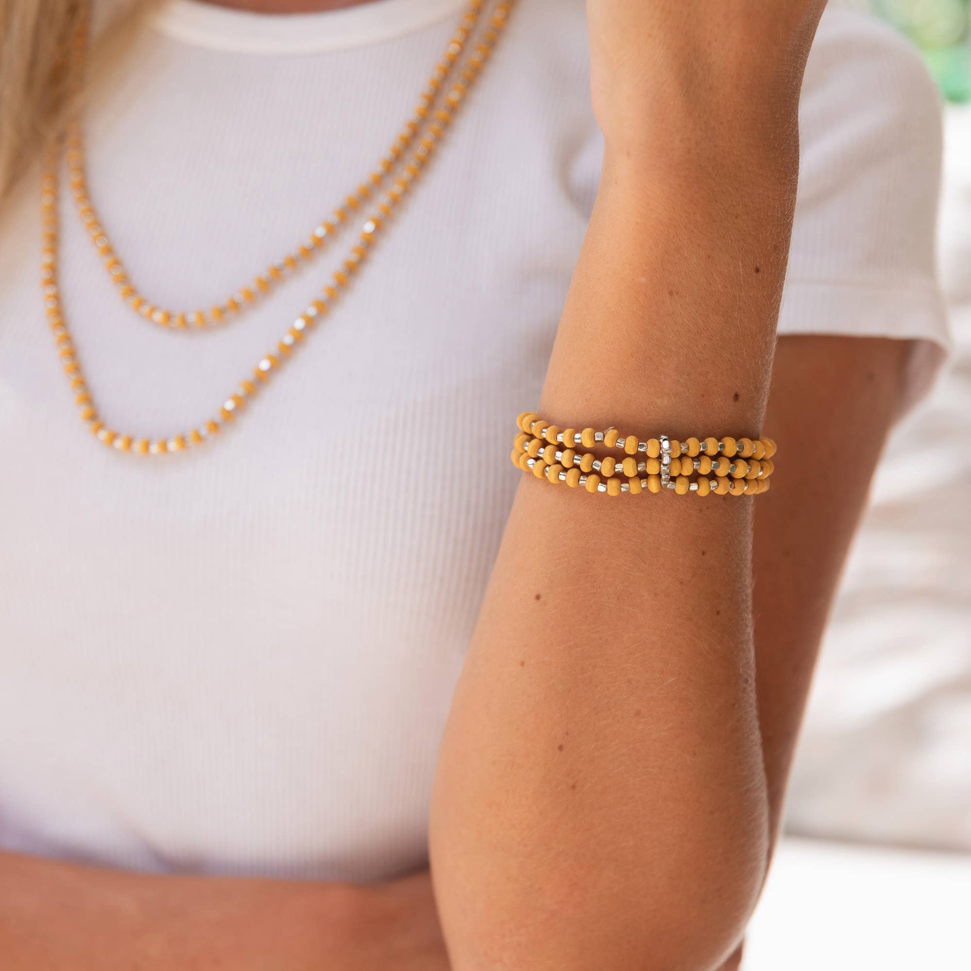 Sachi Wood Bead Wrap Bracelet - Yellow