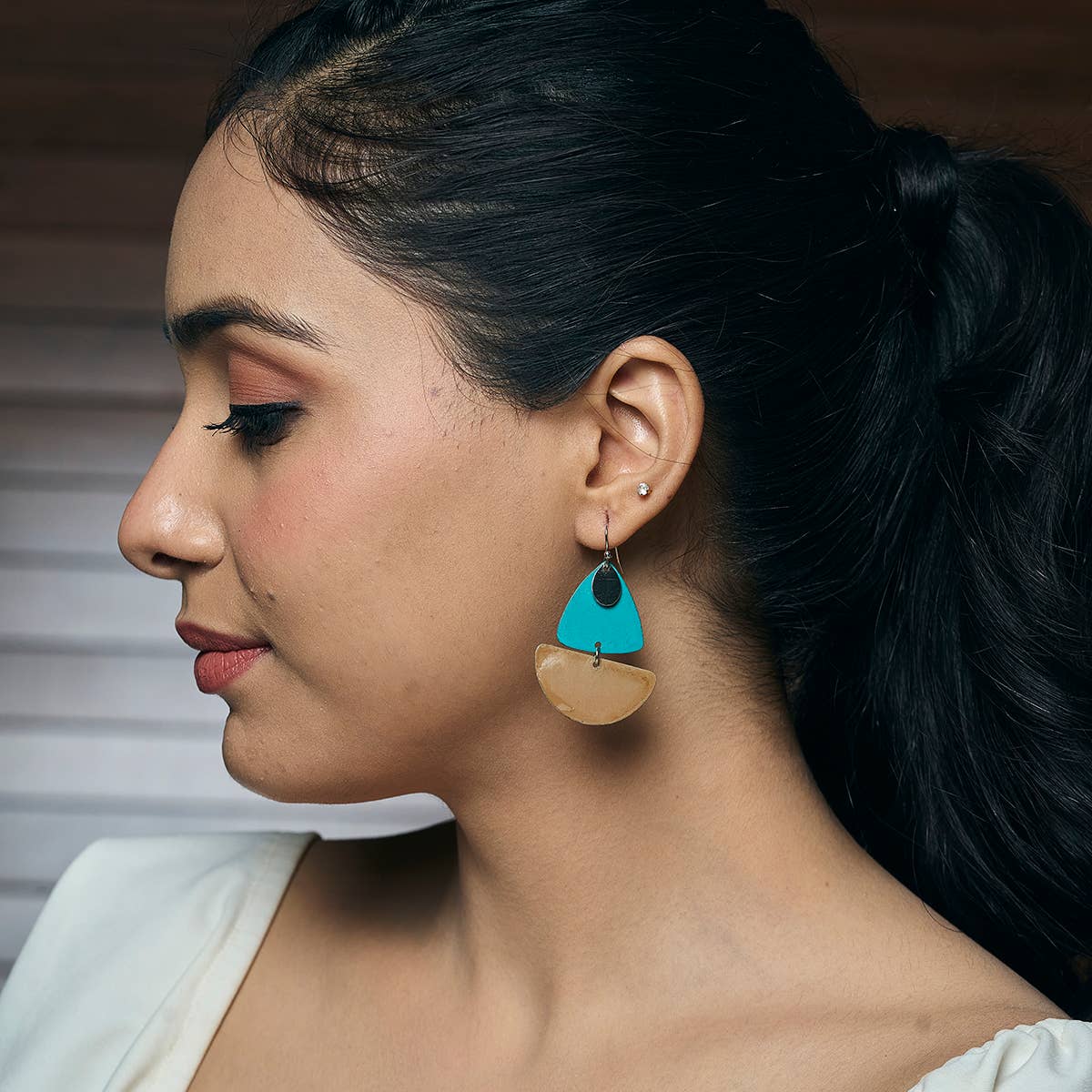 Handcrafted Turquoise & Tan Patina Geometric Earrings