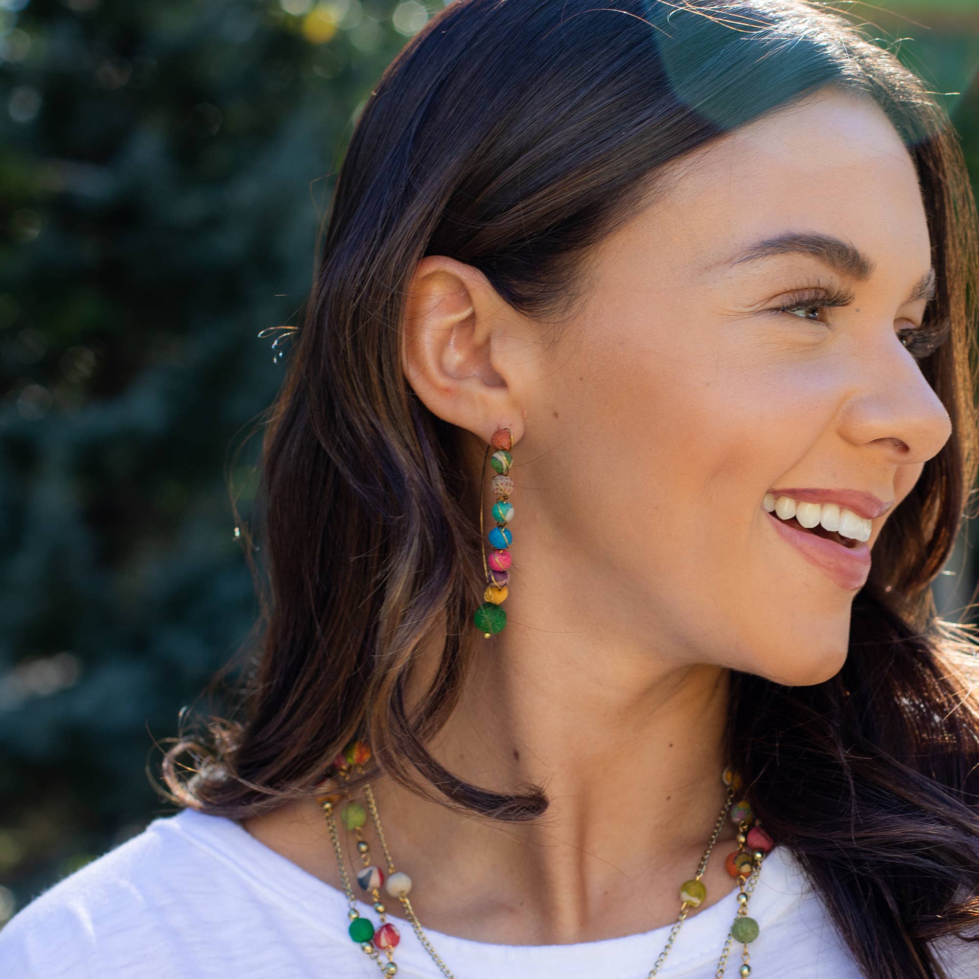 Aasha Kantha Slim Long Hoop Wrapped Round Bead Earrings