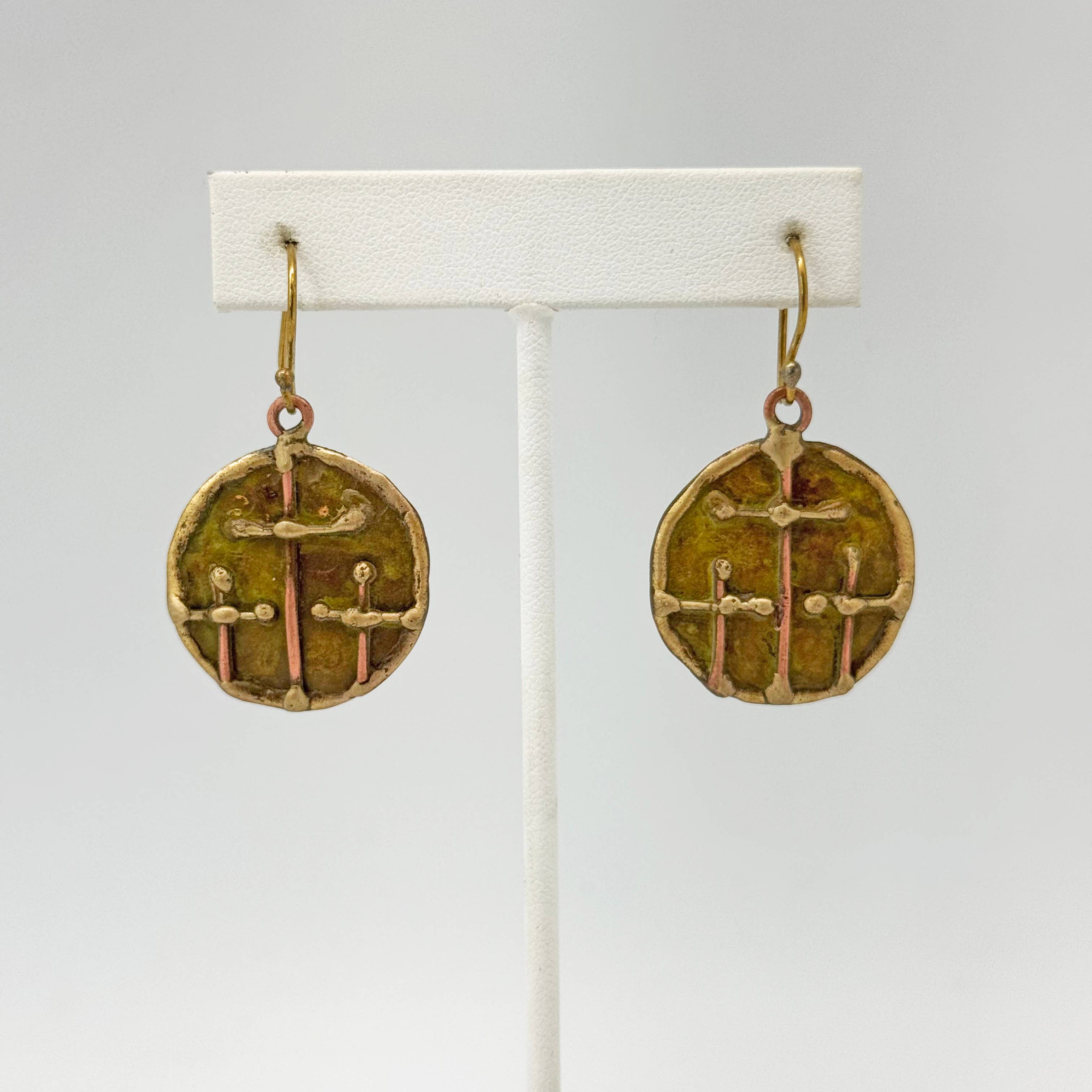 Handcrafted Olive Green Three Crosses Brass Patina Earrings