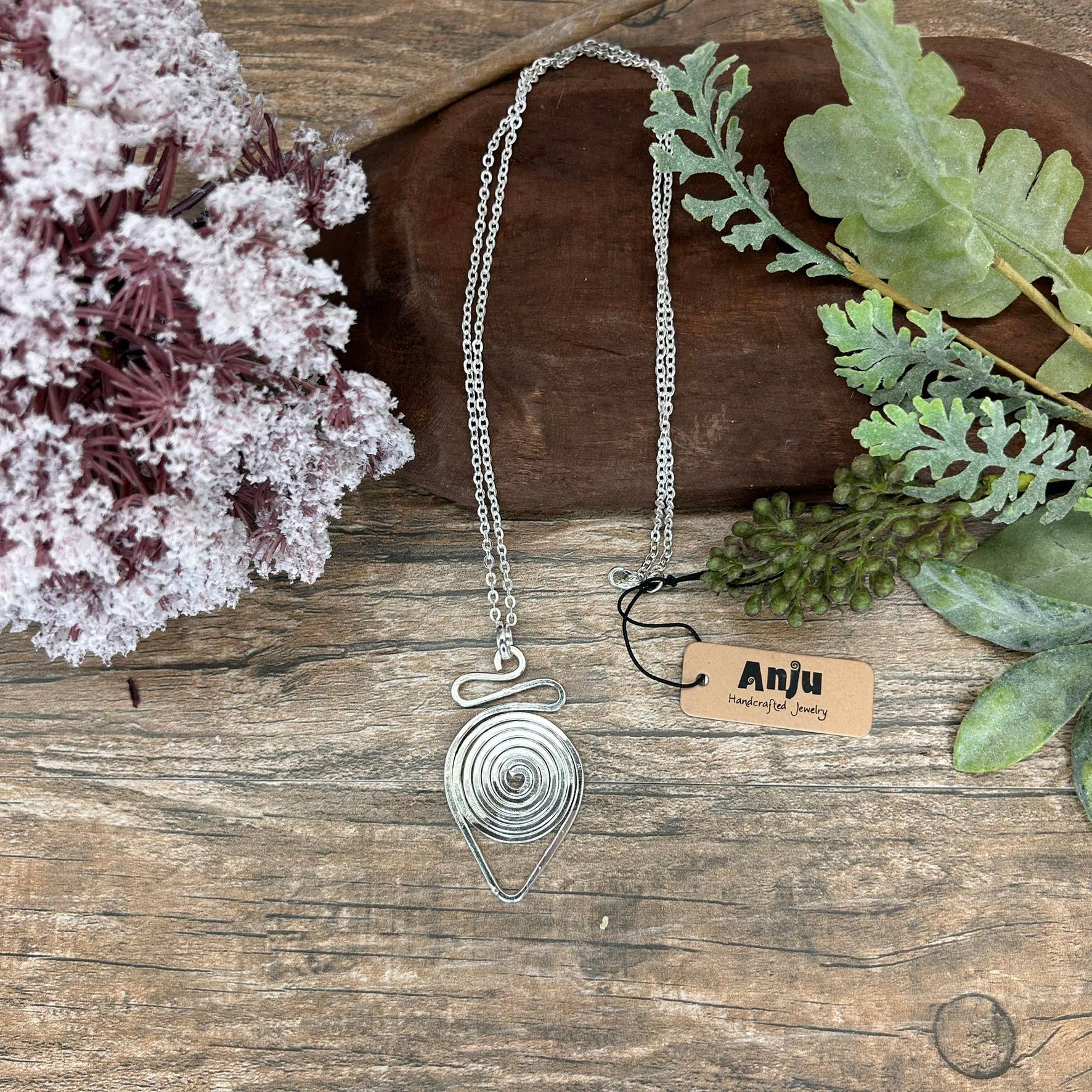 Silver Plated Pendant Necklace - Teardrop Spiral