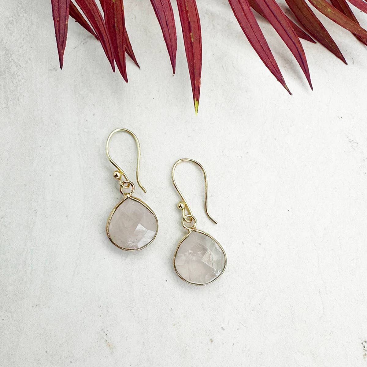 Gold Plated Earrings with Semi-Precious Stone - Rose Quartz