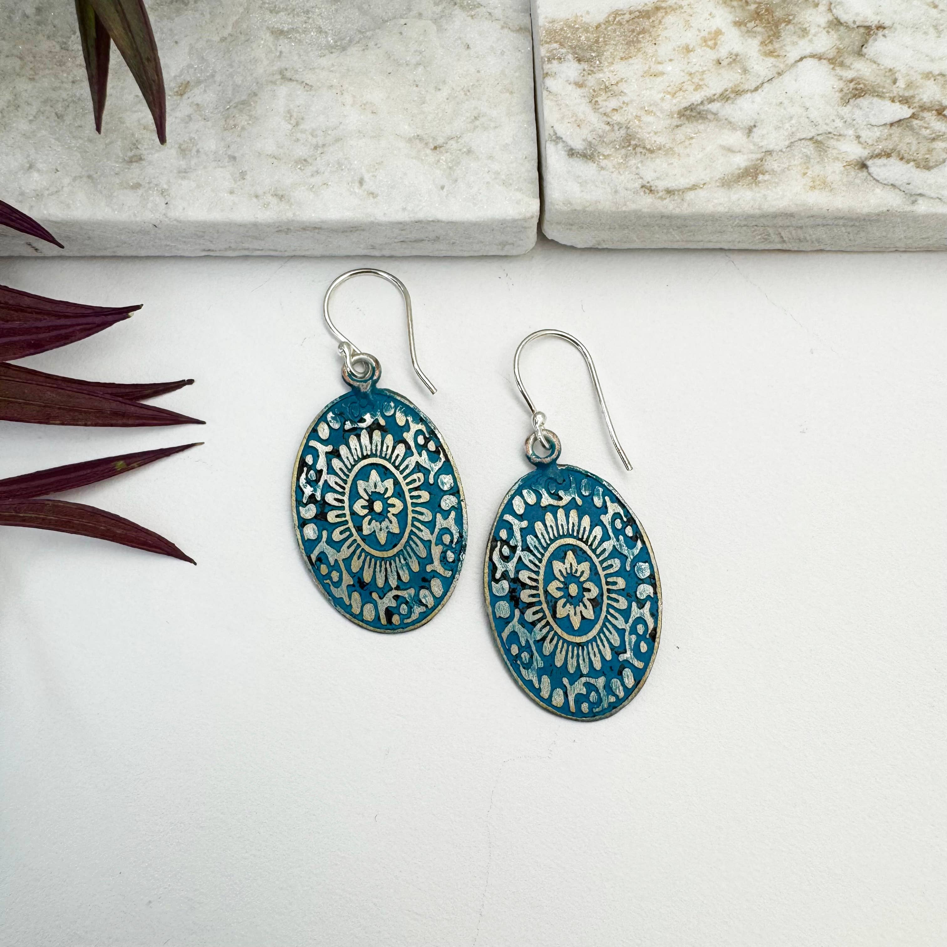 Handcrafted Silver Patina Blue Mandala Earrings