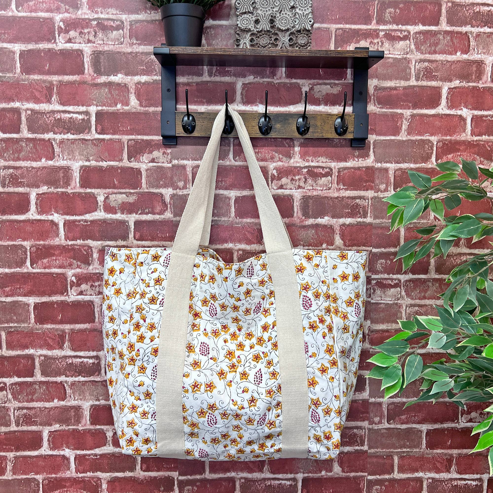 Handcrafted Canvas Bag with Block-Printed Star Flower Vines