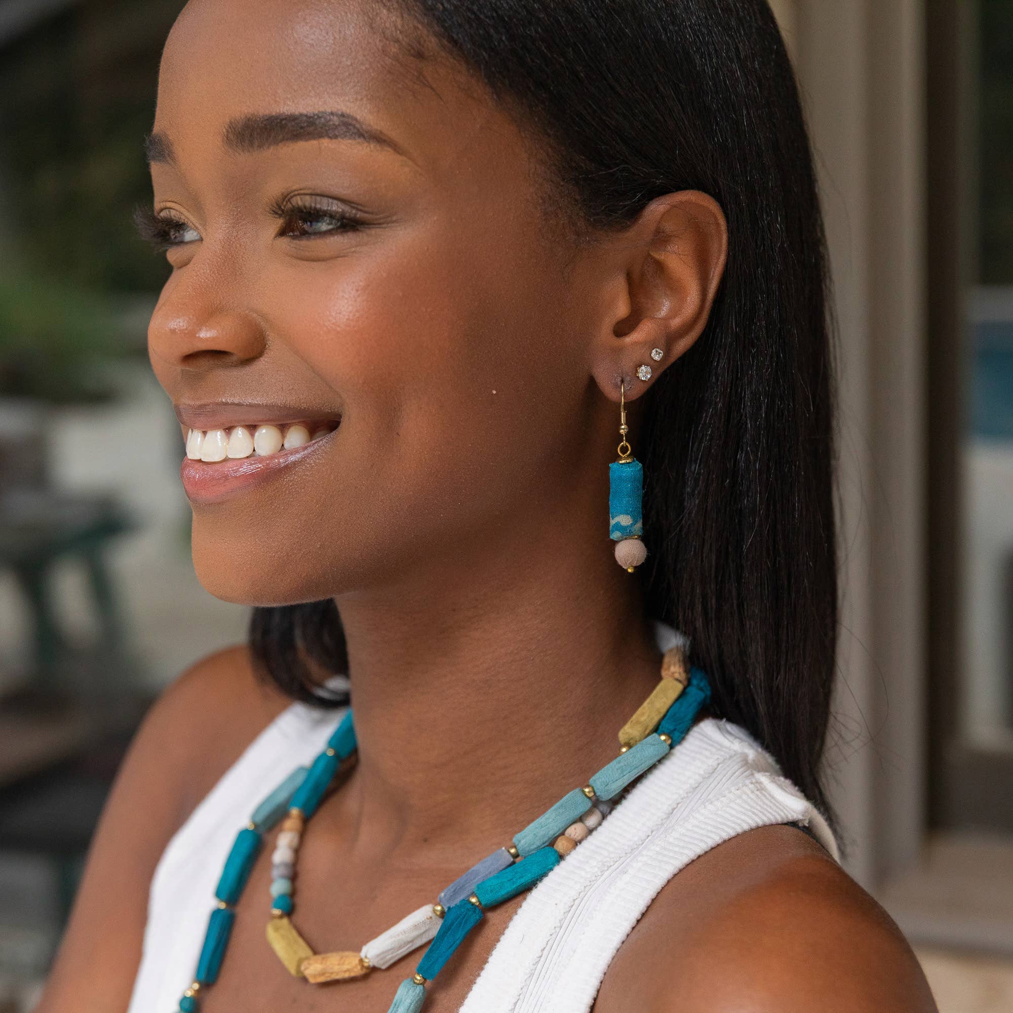 Aasha Monochrome Kantha Handcrafted Linear Bar Earrings