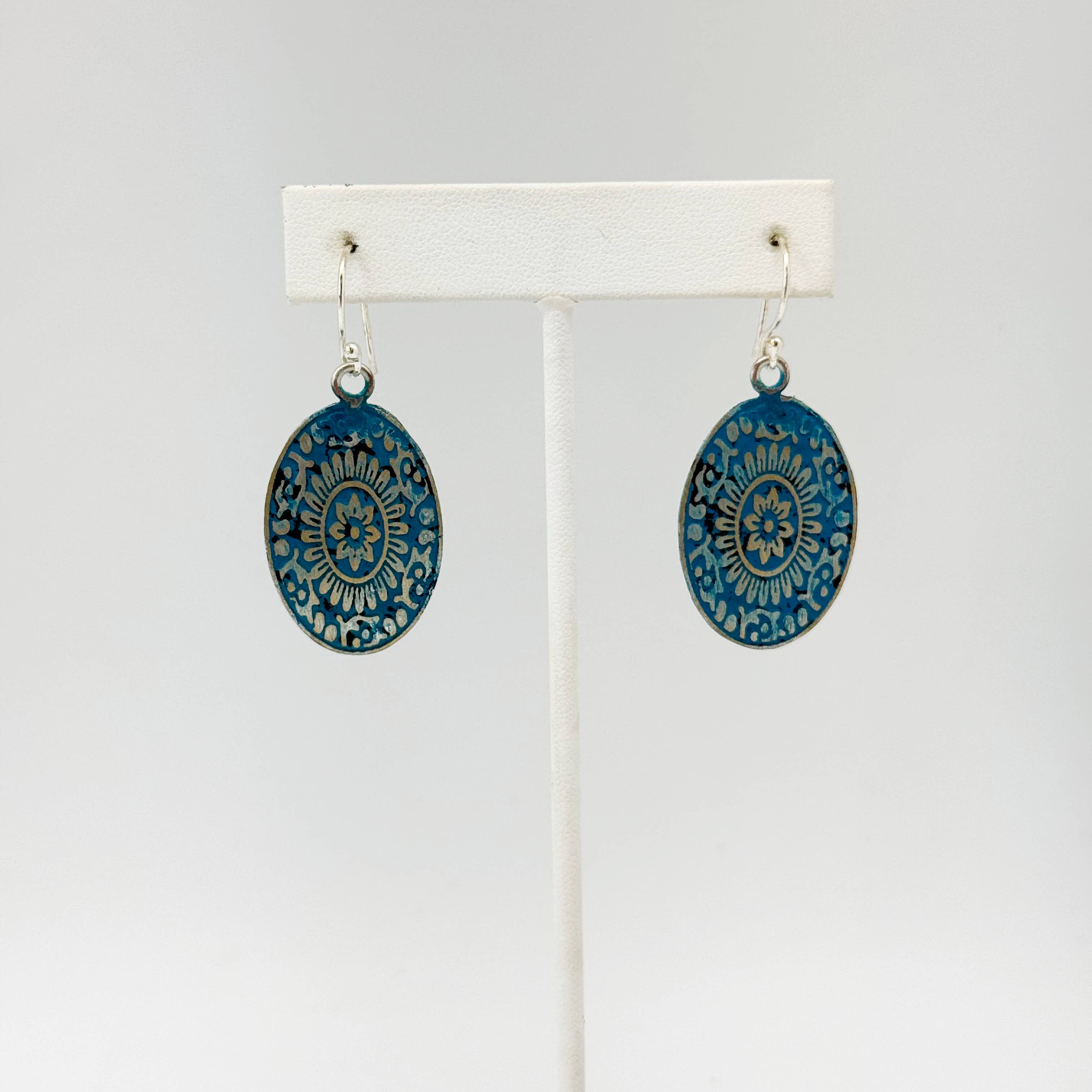 Handcrafted Silver Patina Blue Mandala Earrings