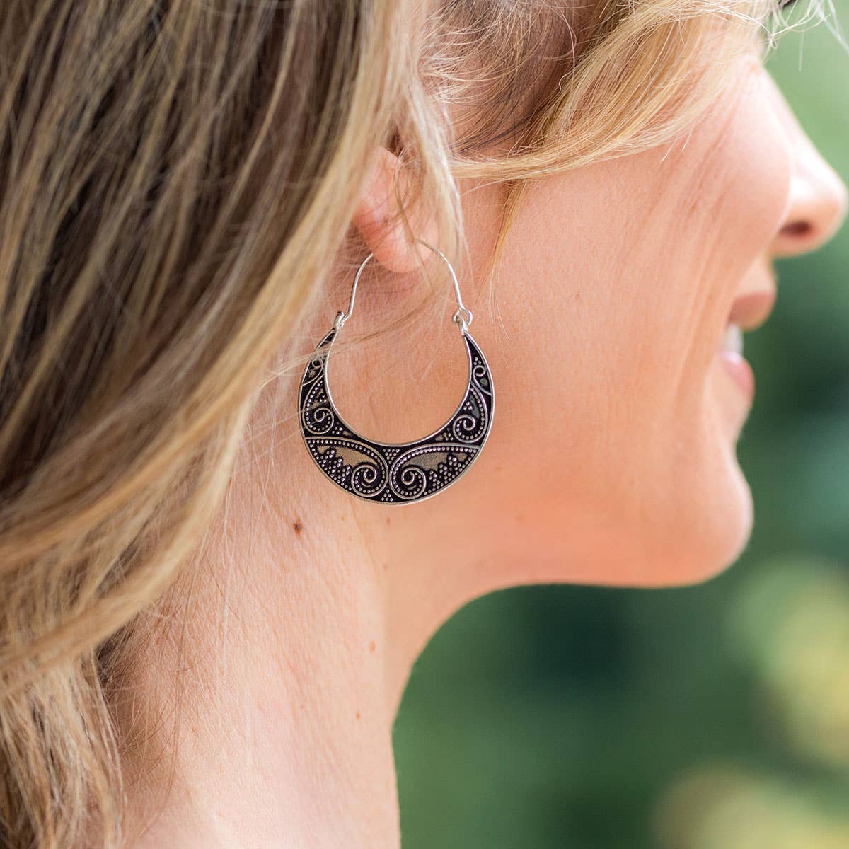 Tanvi Collection Earrings - Silver Curly Filigree Crescents